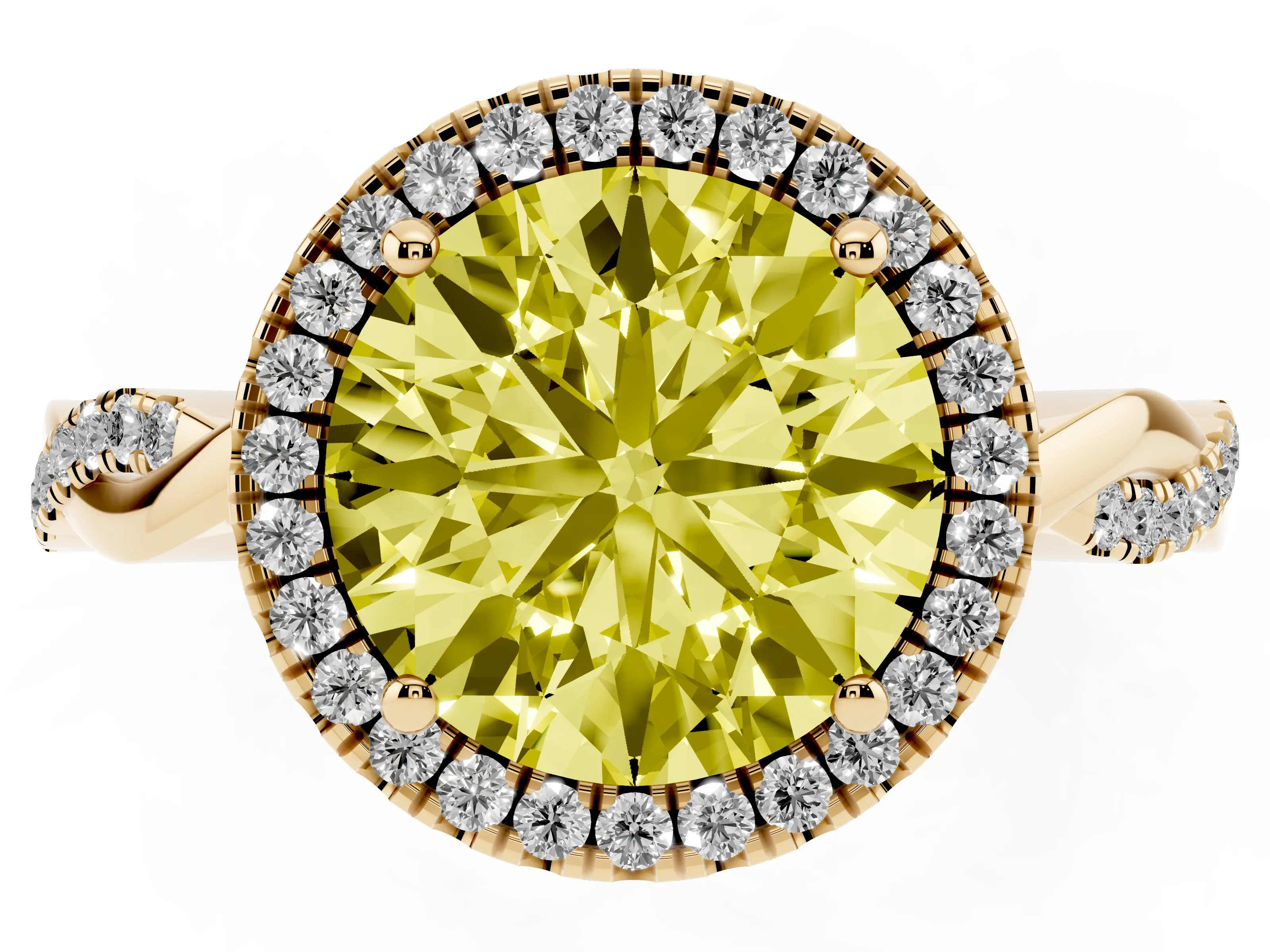 Fancy Yellow Round Cut Diamond Halo Twisted Band Ring Set in Yellow gold with Prong Setting