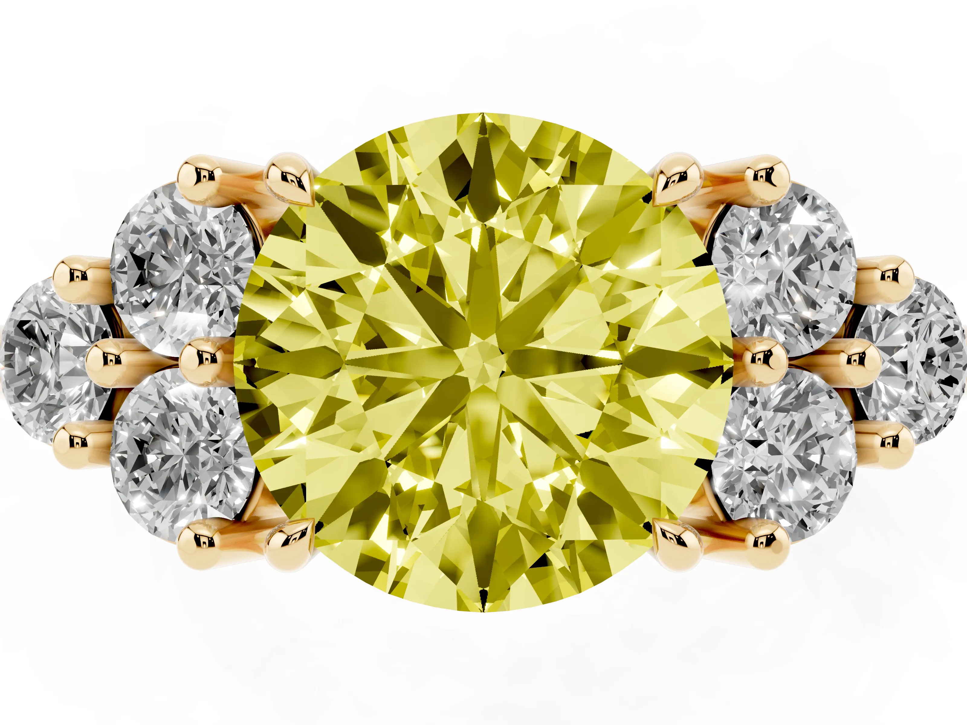 Fancy Yellow Round Cut Diamond Solitaire Ring Set in Yellow gold with Cluster Accents on Each Side