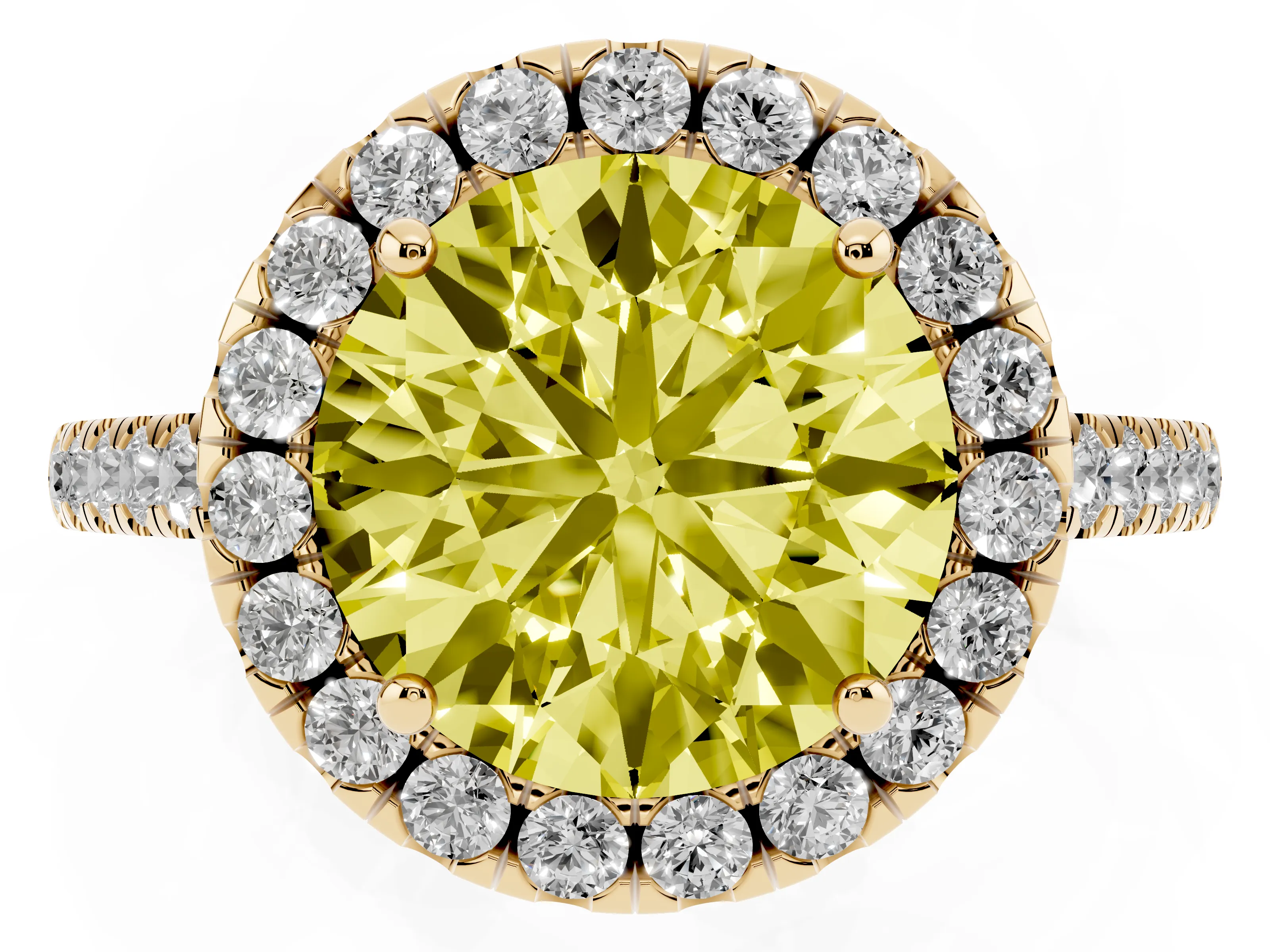 Fancy Yellow Round Cut Diamond Pavé Halo Engagement Ring Set in Yellow gold with Pavé Band and Prong Setting