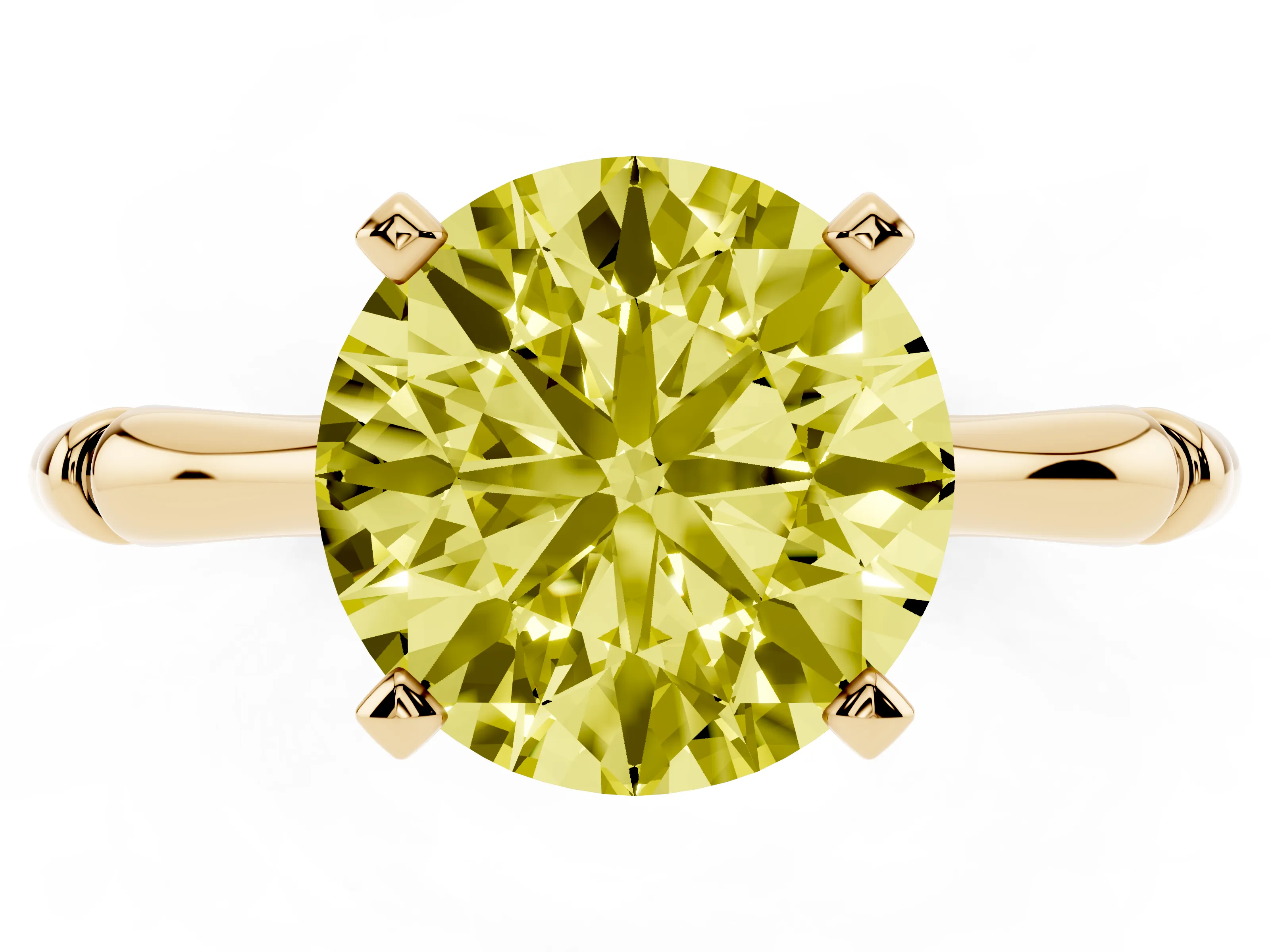 Fancy Yellow Round Cut Diamond Solitaire Ring Set in Yellow gold with Bamboo Band and Prong Setting