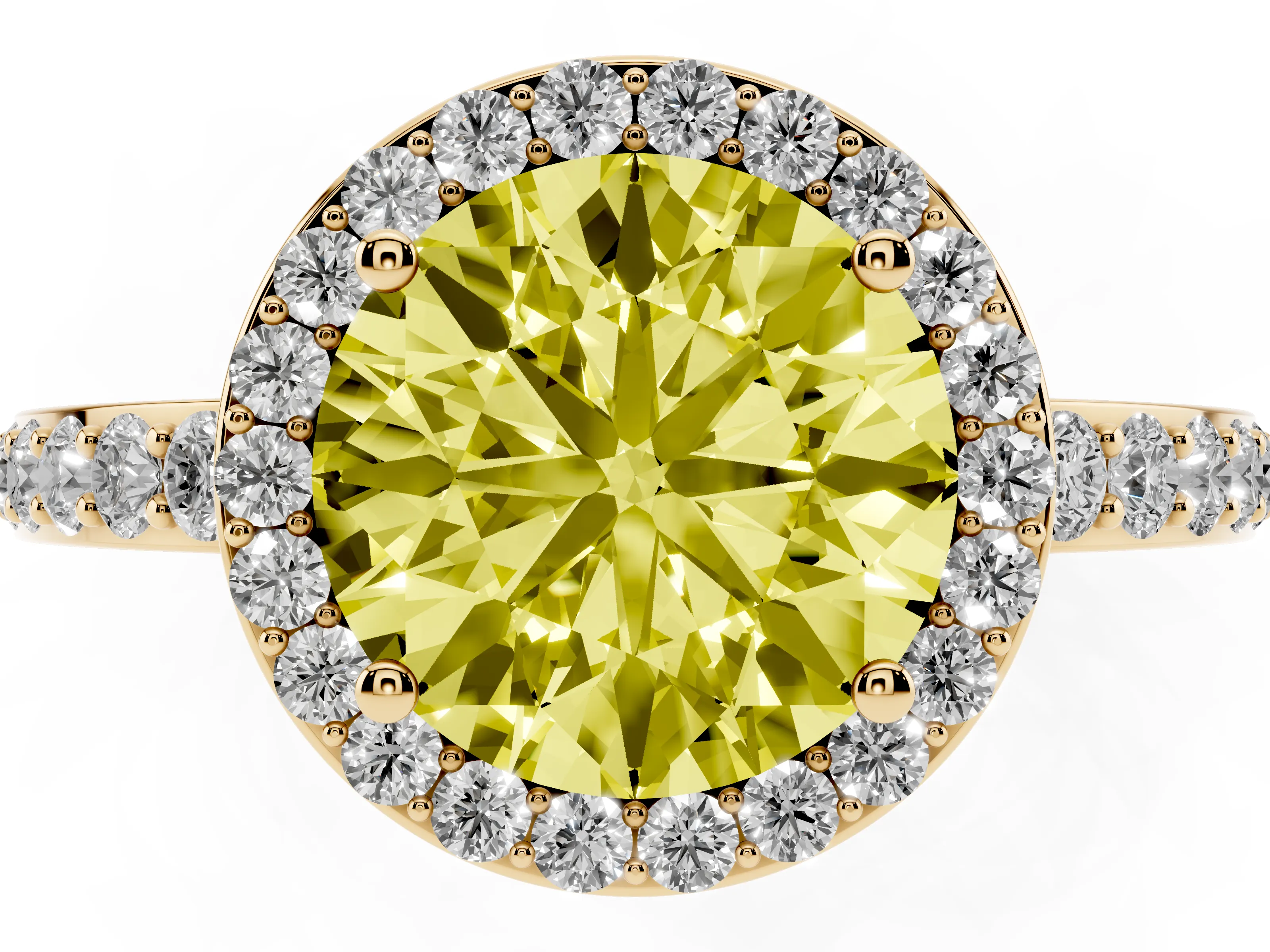 Fancy Yellow Round Cut Diamond Halo Ring Set in Yellow gold with Pavé-Setting Band and Open Prong Center