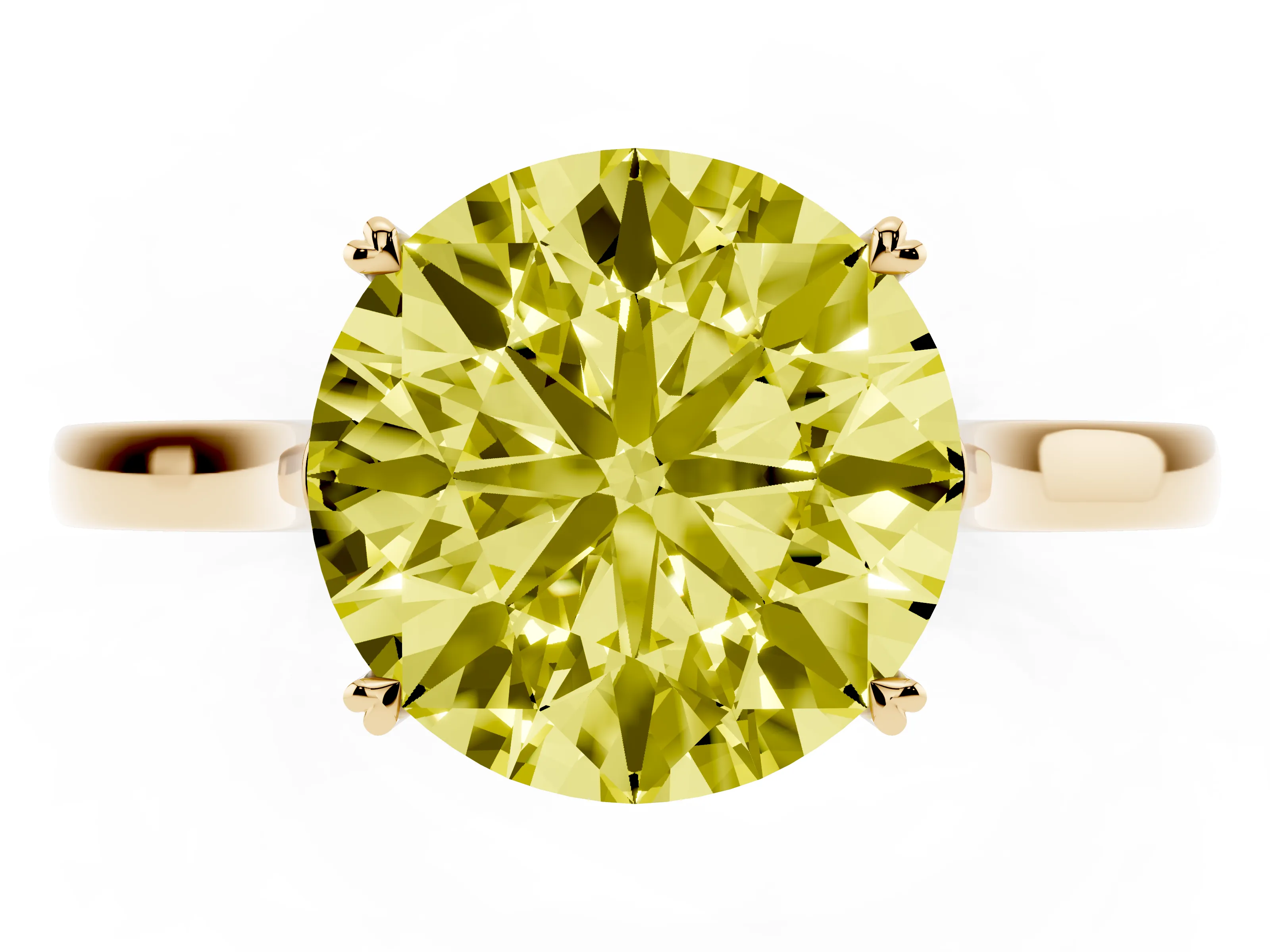 Fancy Yellow Round Cut Diamond Solitaire Heart Prong Engagement Ring Set in Yellow gold with Tapered Band