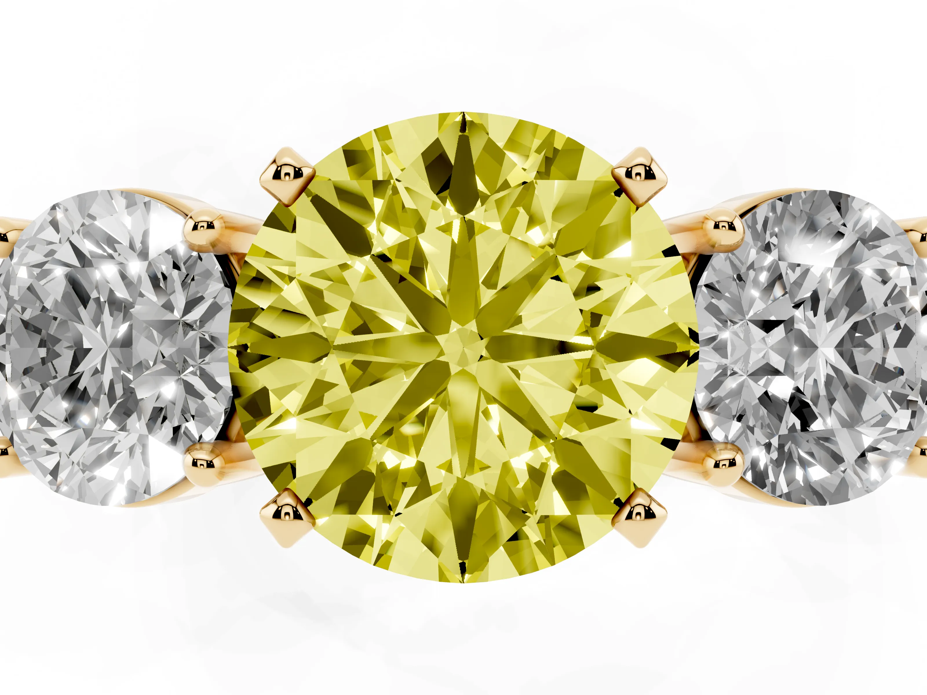 Fancy Yellow Round Cut Diamond Three-Stone Ring Set in Yellow gold with Round Side Stones and Classic Band