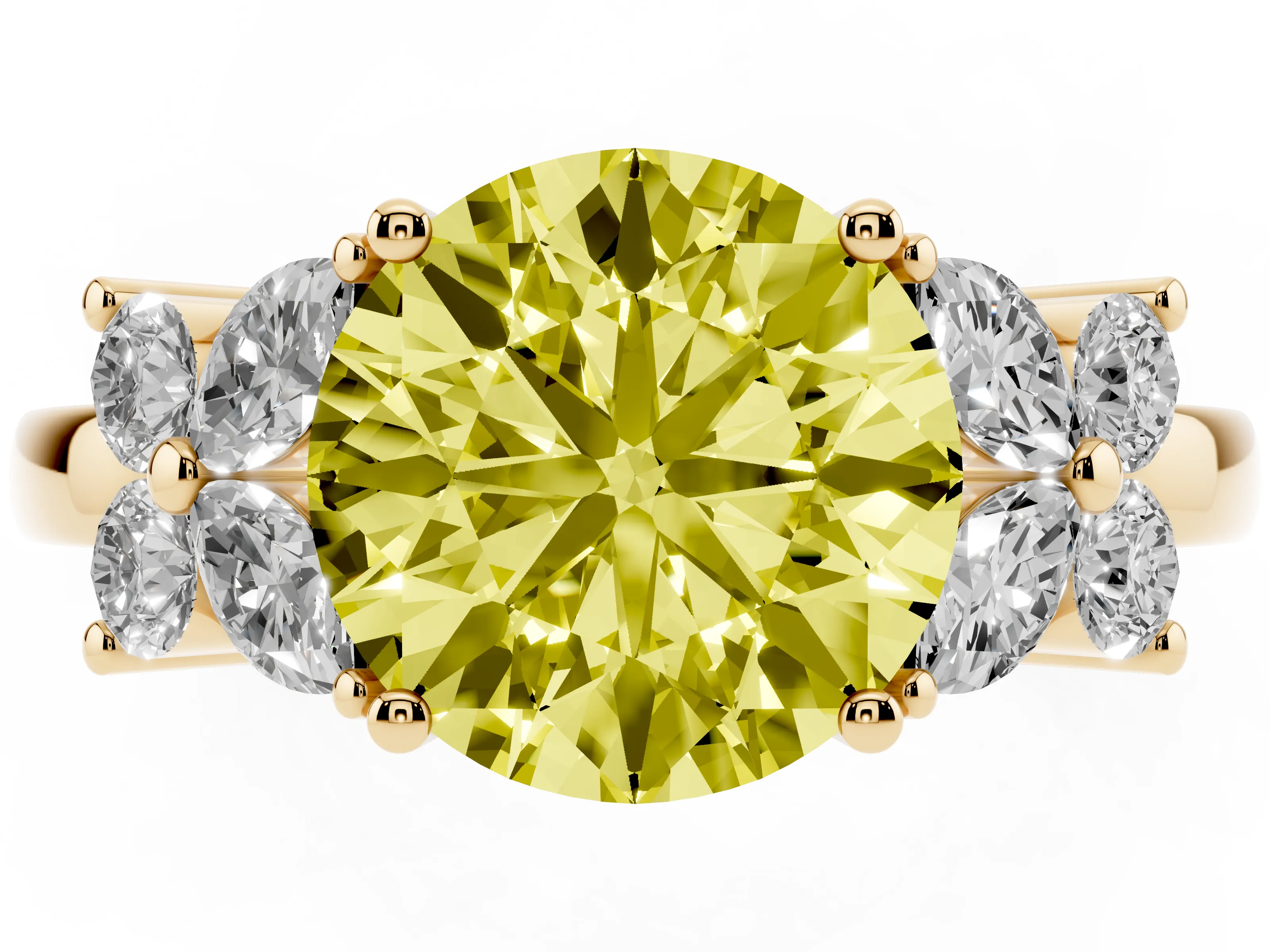 Fancy Yellow Round Cut Diamond Floral Cluster Ring Set in Yellow gold with Marquise Petals and Prong Setting