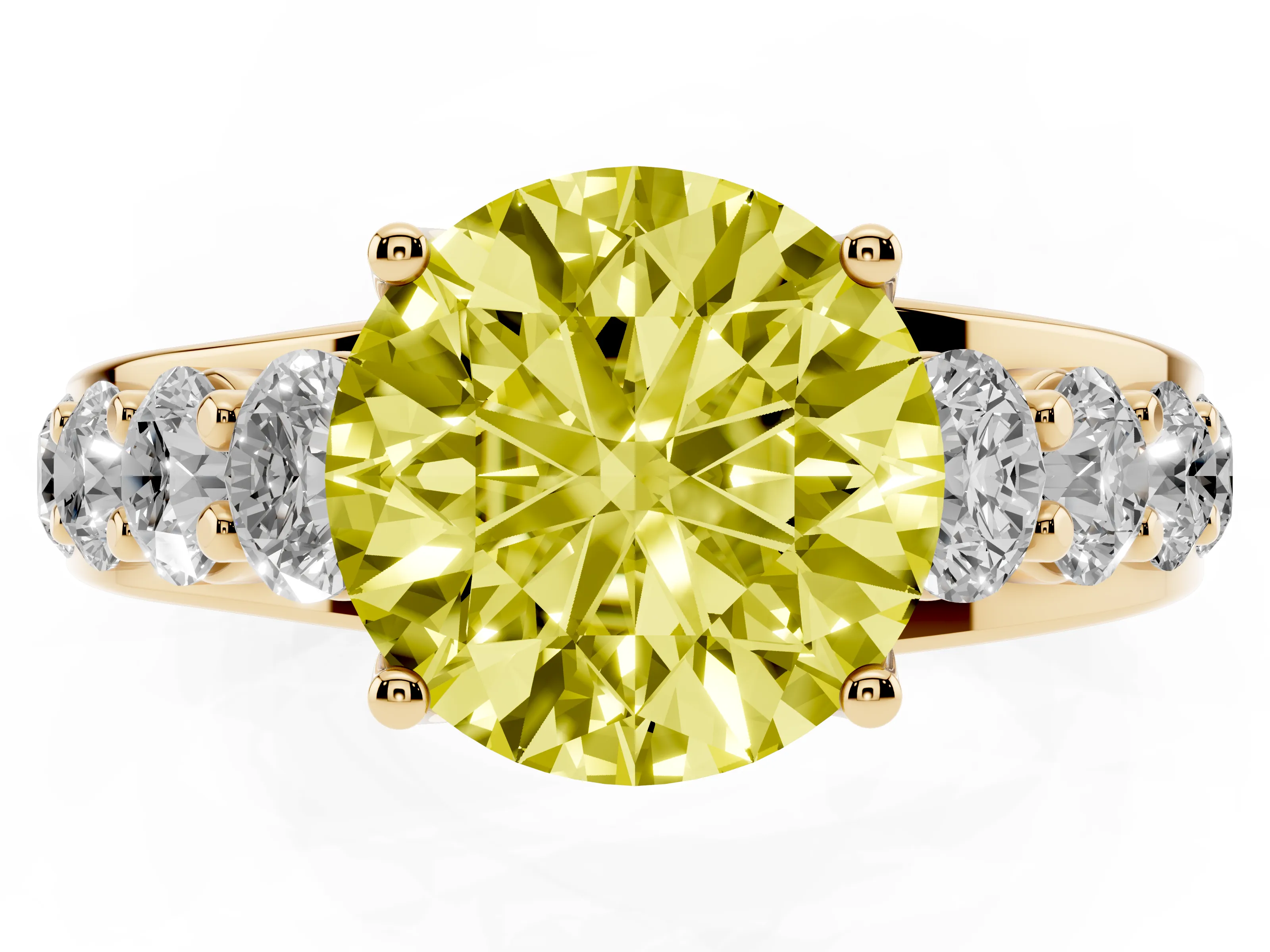 Fancy Yellow Round Cut Diamond Pavé Engagement Ring Set in Yellow gold with Prong Setting