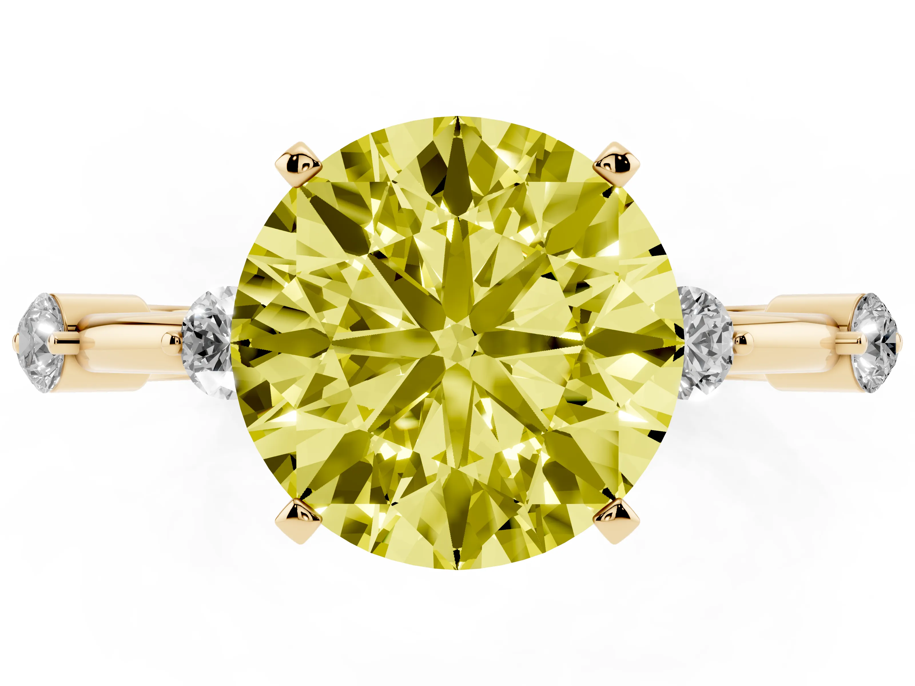 Fancy Yellow Round Cut Diamond Solitaire Ring Set in Yellow gold with Bezel Set Side Stones and Prong Setting