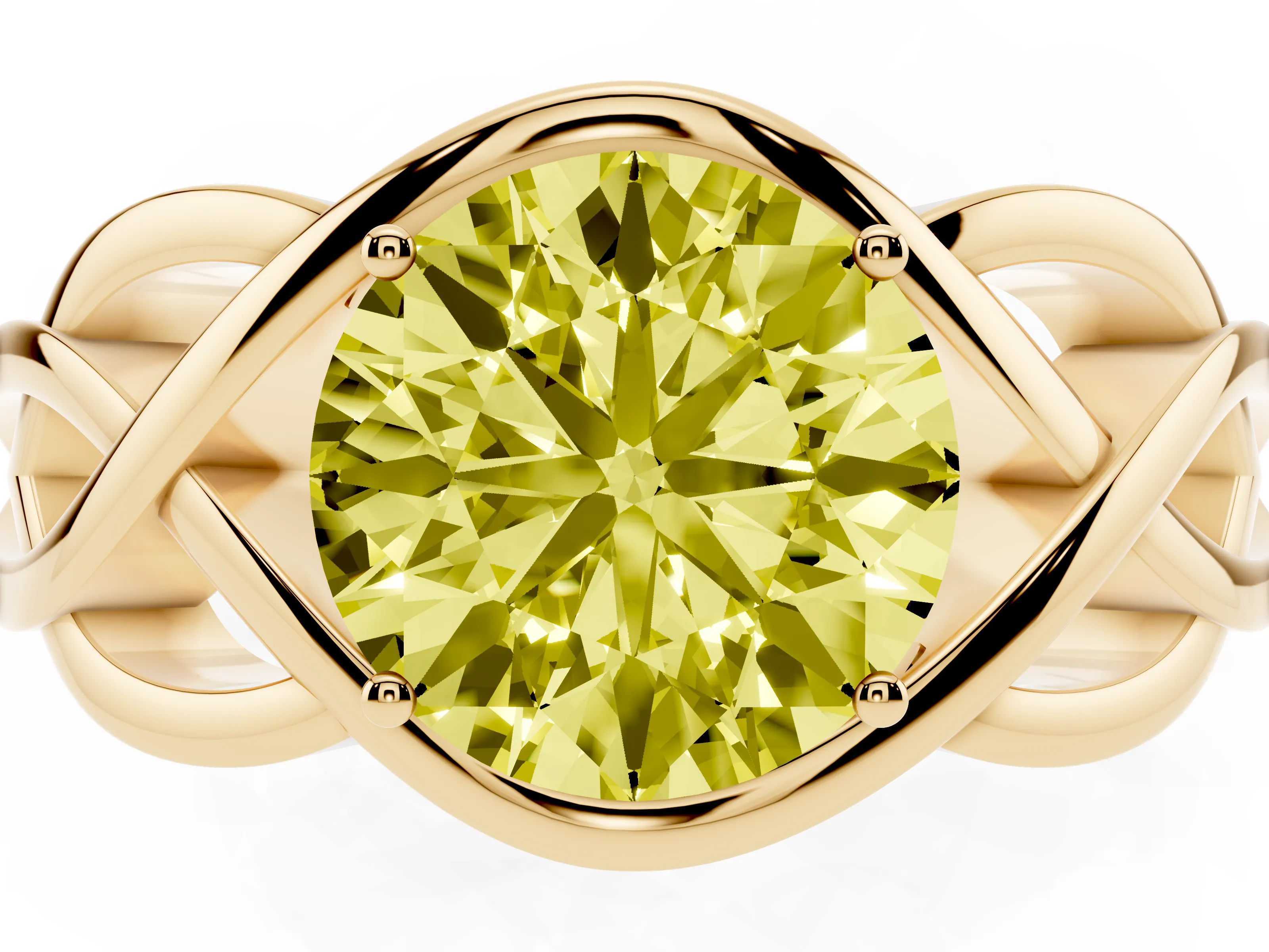 Fancy Yellow Round Cut Diamond Solitaire Ring Set in Yellow gold with Intertwined Band