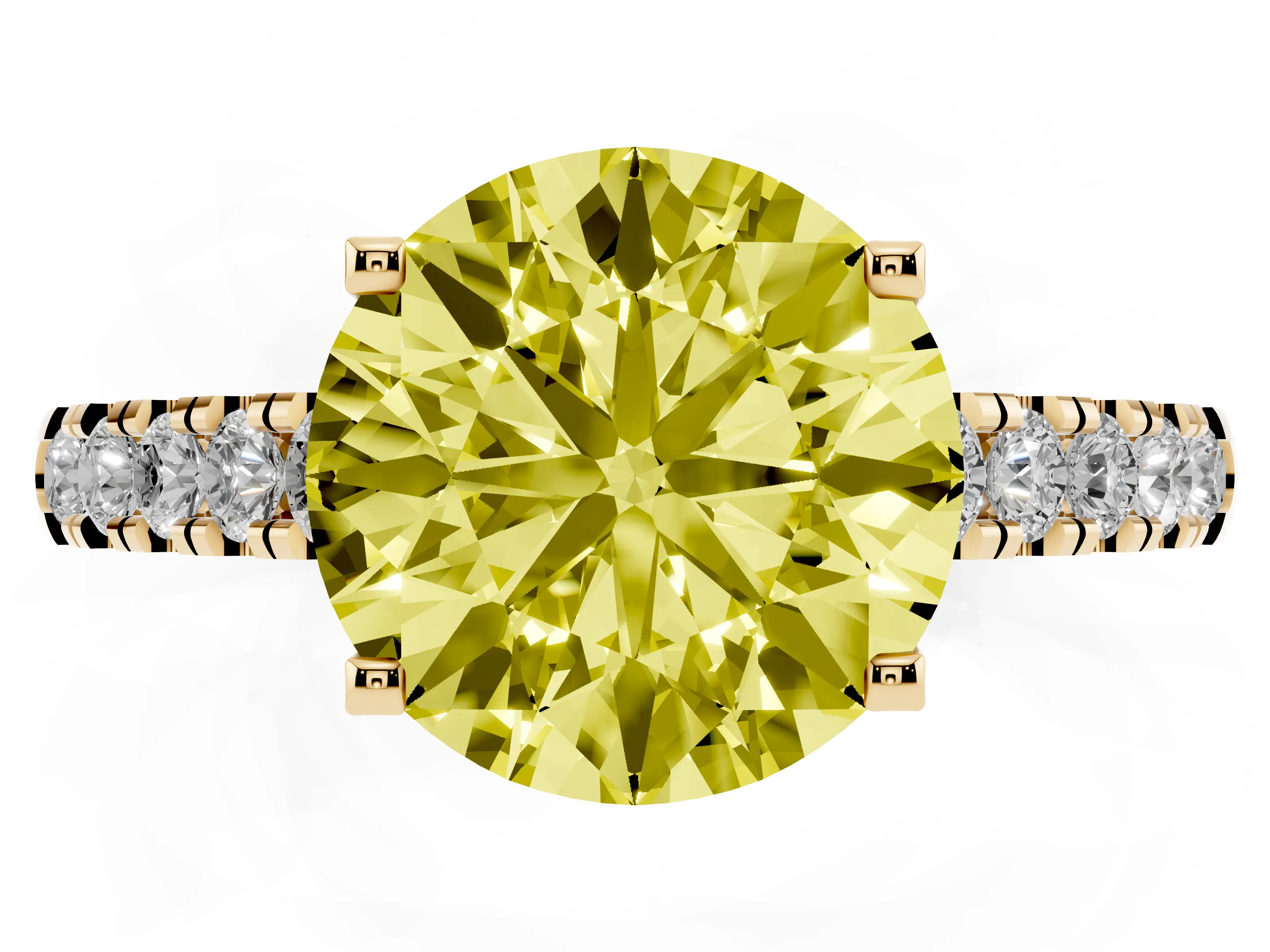 Fancy Yellow Round Cut Diamond Pavé Band Solitaire Ring Set in Yellow gold with Partway Accent Stones and Prong Setting