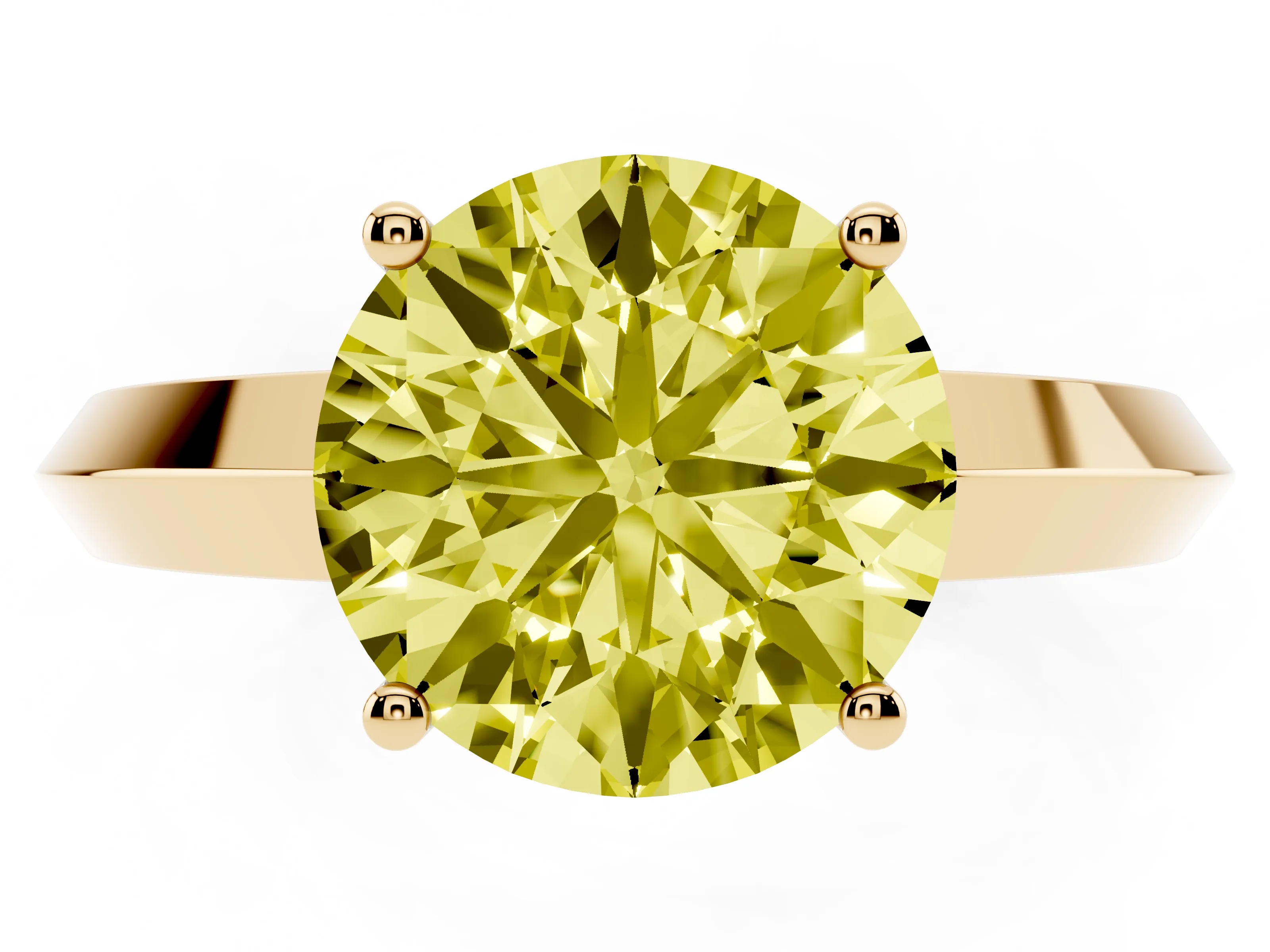 Fancy Yellow Round Cut Diamond Solitaire Engagement Ring Set in Yellow gold with Flat Band and Prong Setting