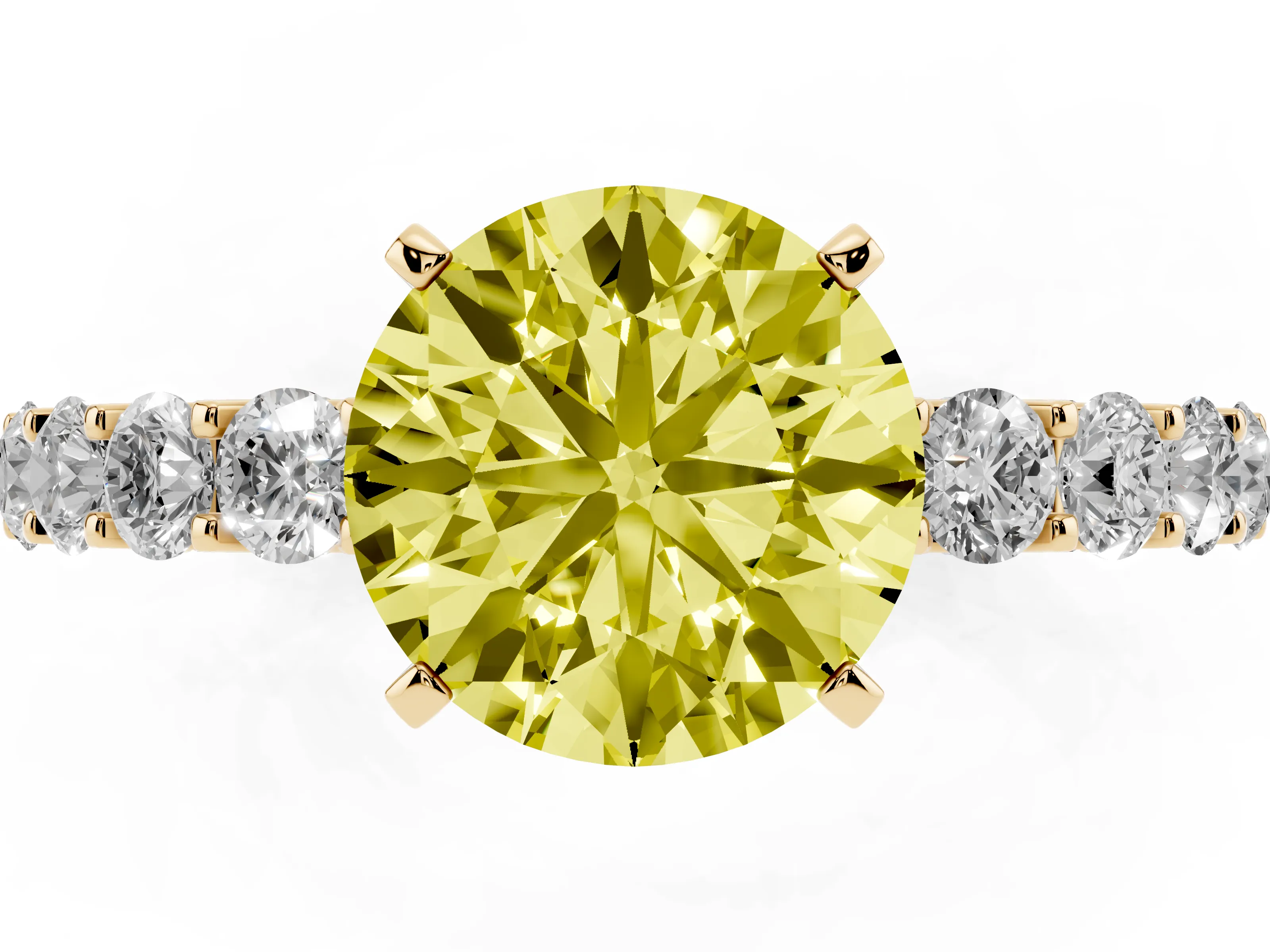 Fancy Yellow Round Cut Diamond Solitaire Ring Set in Yellow gold with Shared Prong Pavé Band