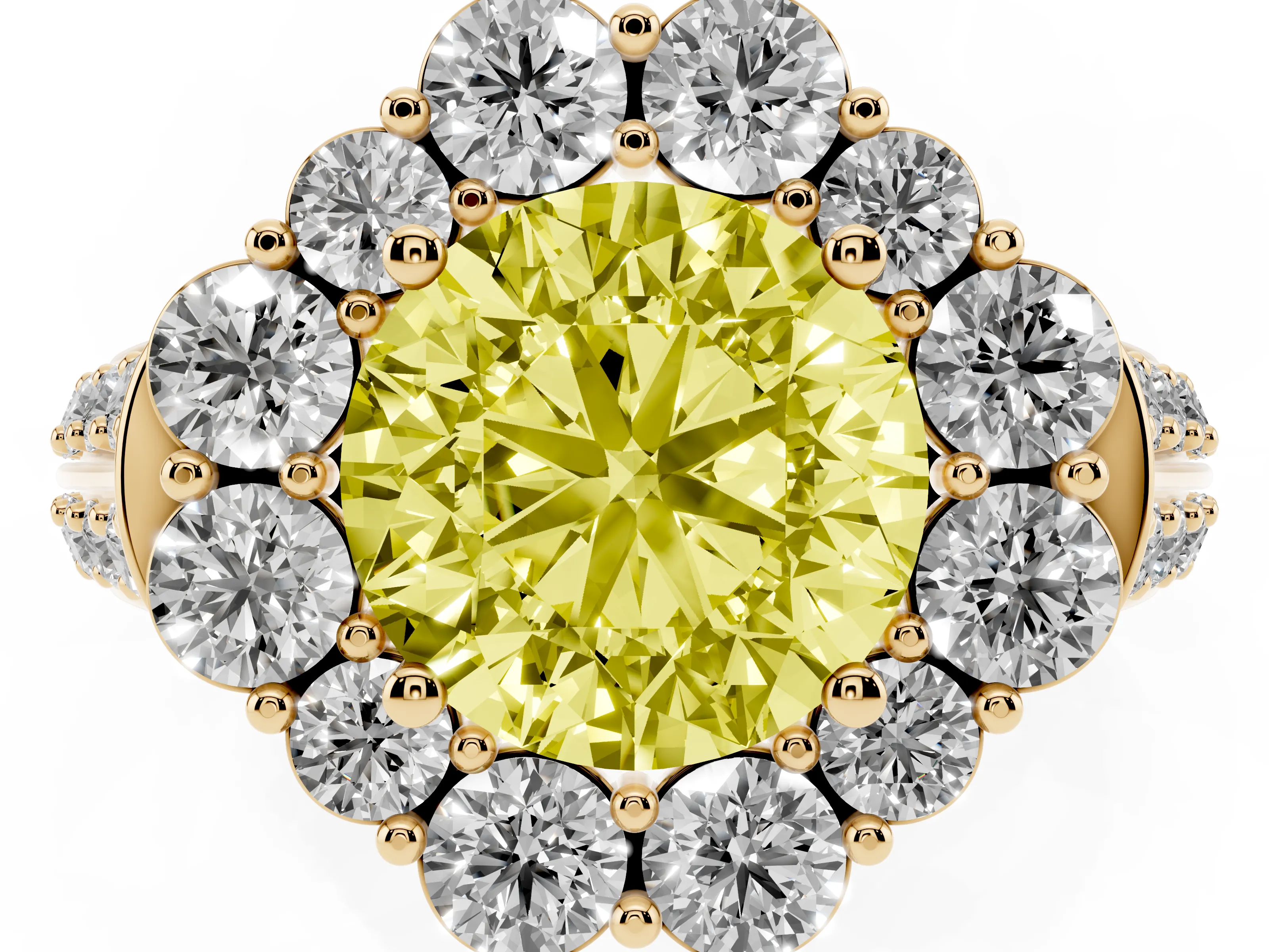 Fancy Yellow Round Cut Diamond Halo Engagement Ring Set in Yellow gold with Split Shank and Prong Setting