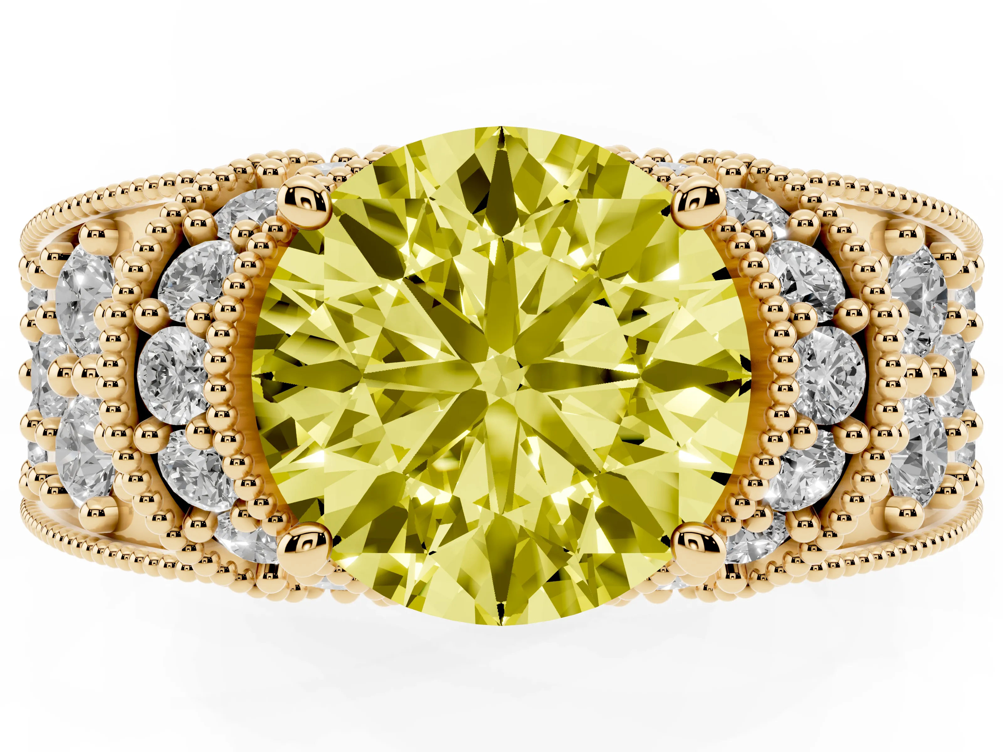 Fancy Yellow Round Cut Diamond Milgrain Halo Pavé Engagement Ring Set in Yellow gold with Prong Setting