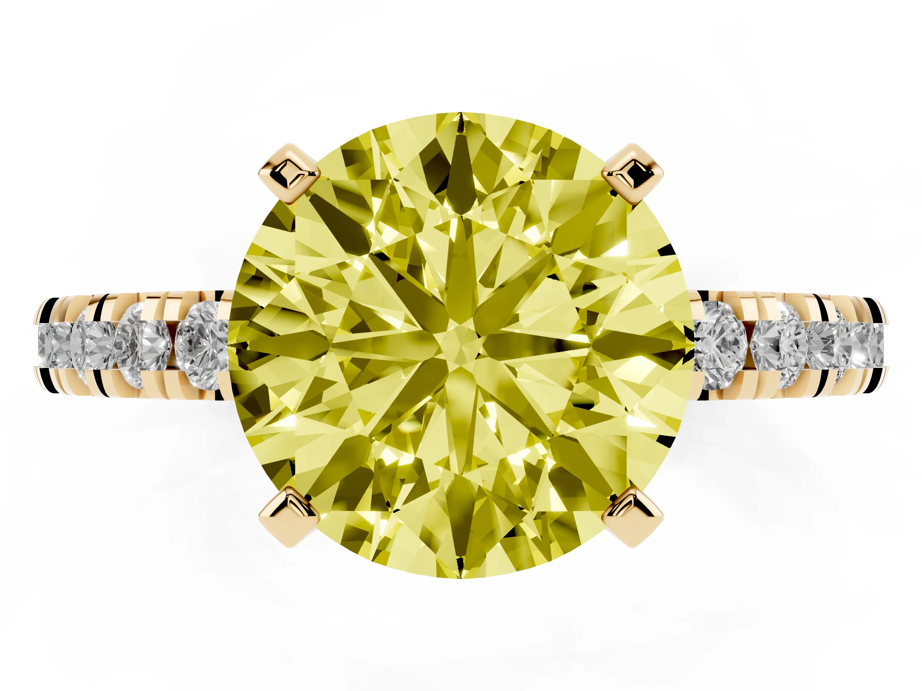 Fancy Yellow Round Cut Diamond Pavé Band Solitaire Set in Yellow gold with Prong Setting