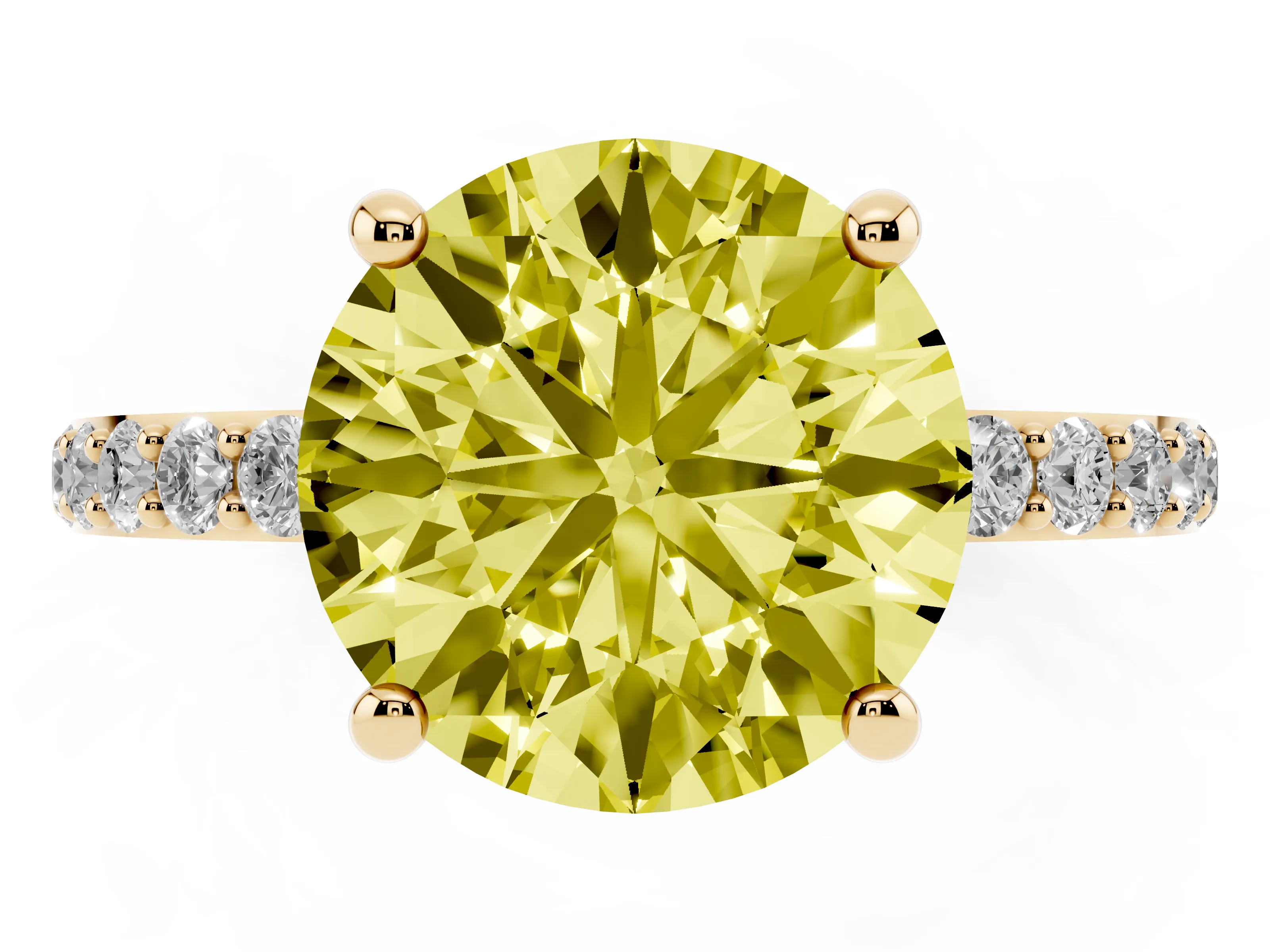 Fancy Yellow Round Cut Diamond Solitaire Ring Set in Yellow gold with Round Pavé Band and Prong Setting