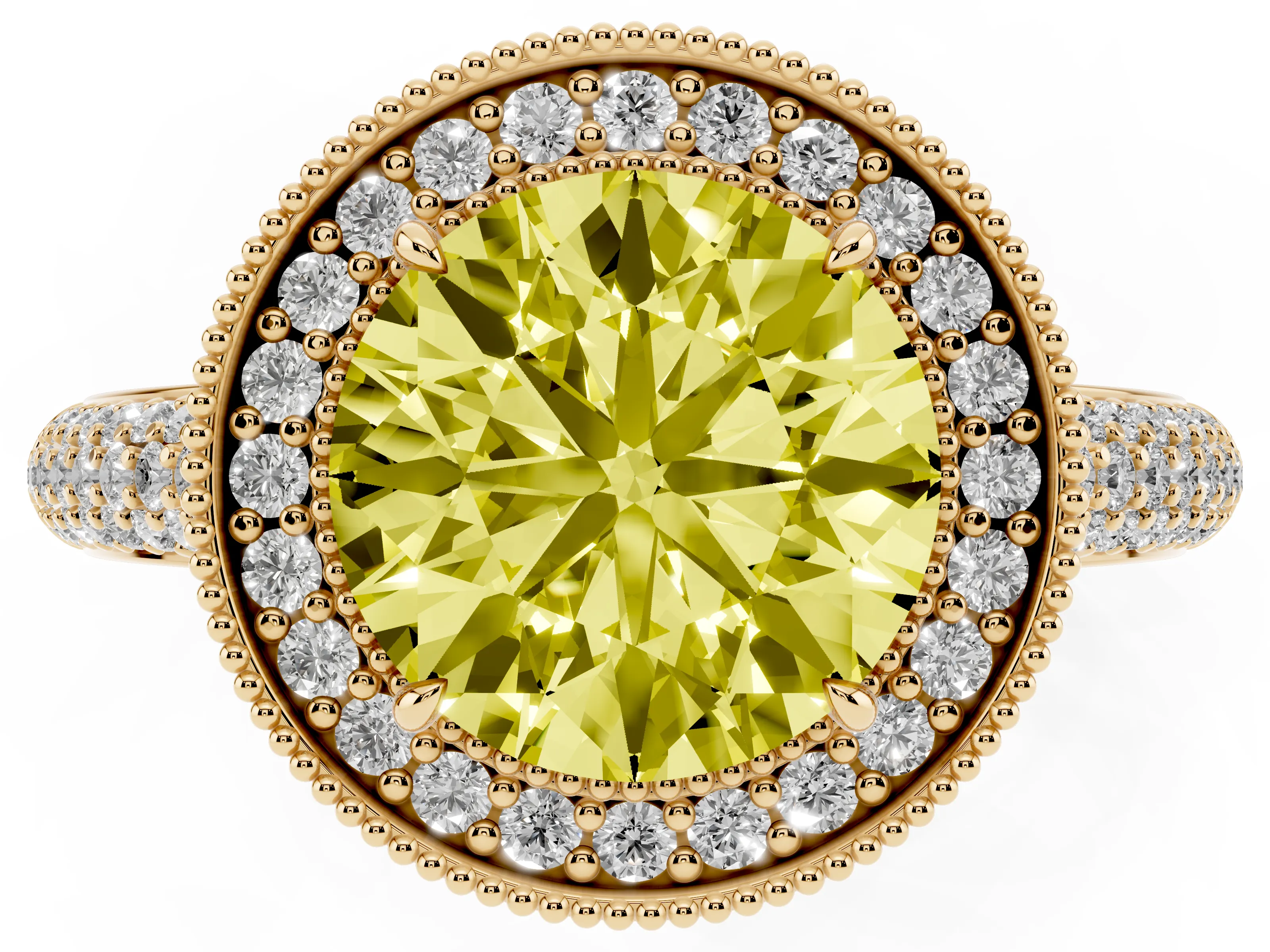 Fancy Yellow Round Cut Diamond Halo Pavé Band Set in Yellow gold with Prong Setting