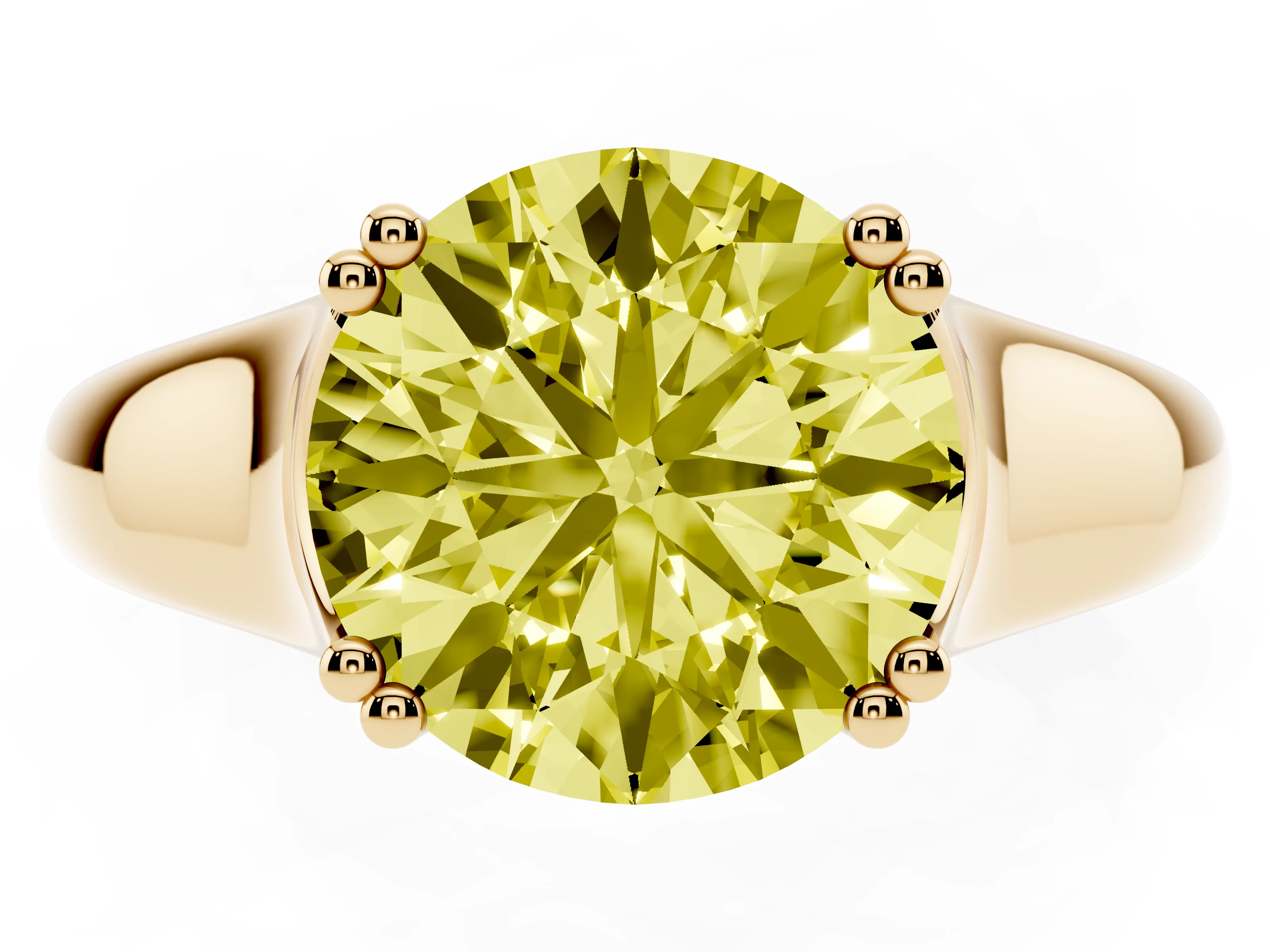 Fancy Yellow Round Cut Diamond Solitaire Ring Set in Yellow gold with Wide Band and Prong Setting