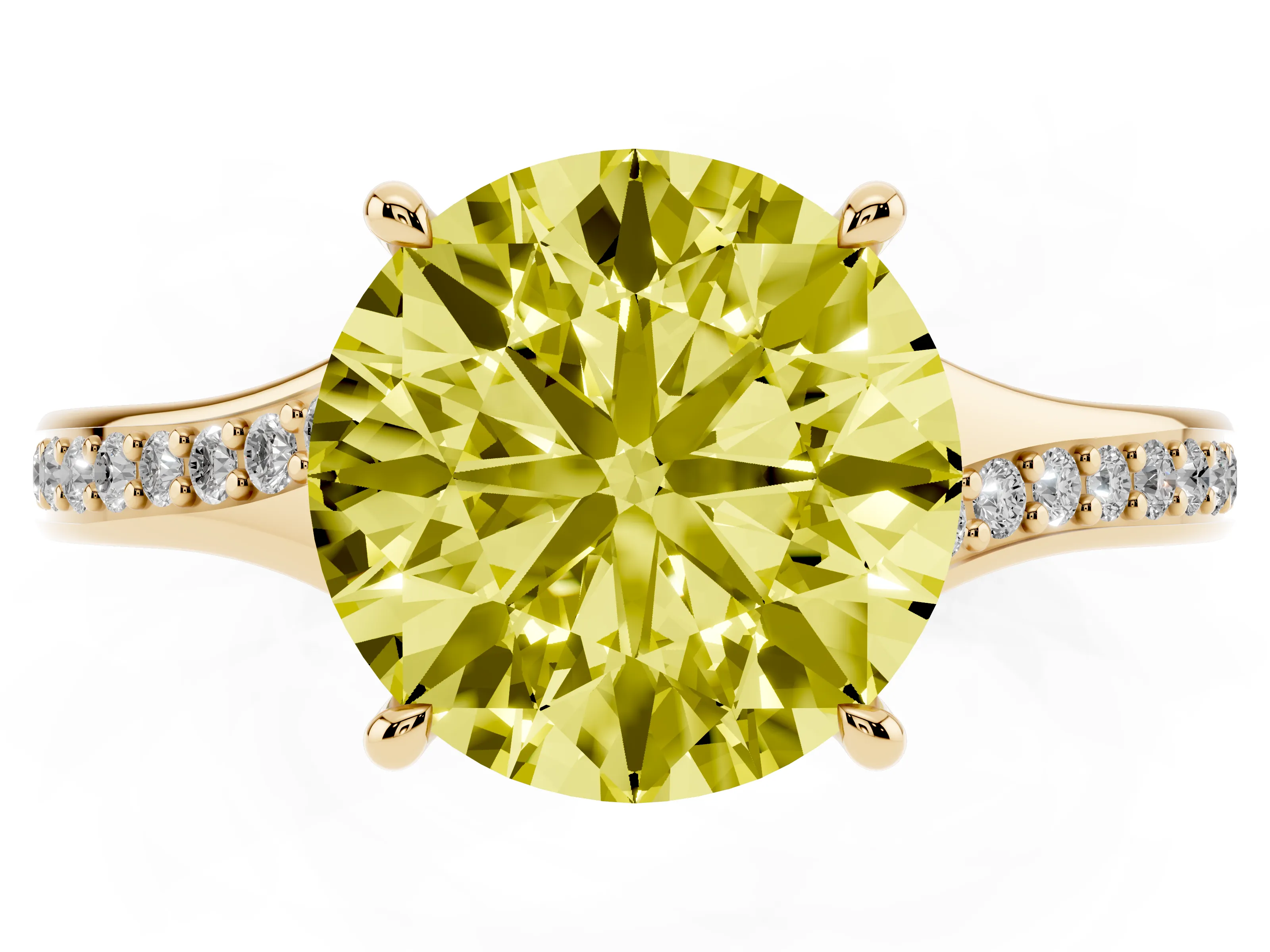 Fancy Yellow Round Cut Diamond Solitaire Ring Set in Yellow gold with Pavé Accent Band and Classic Prong Setting