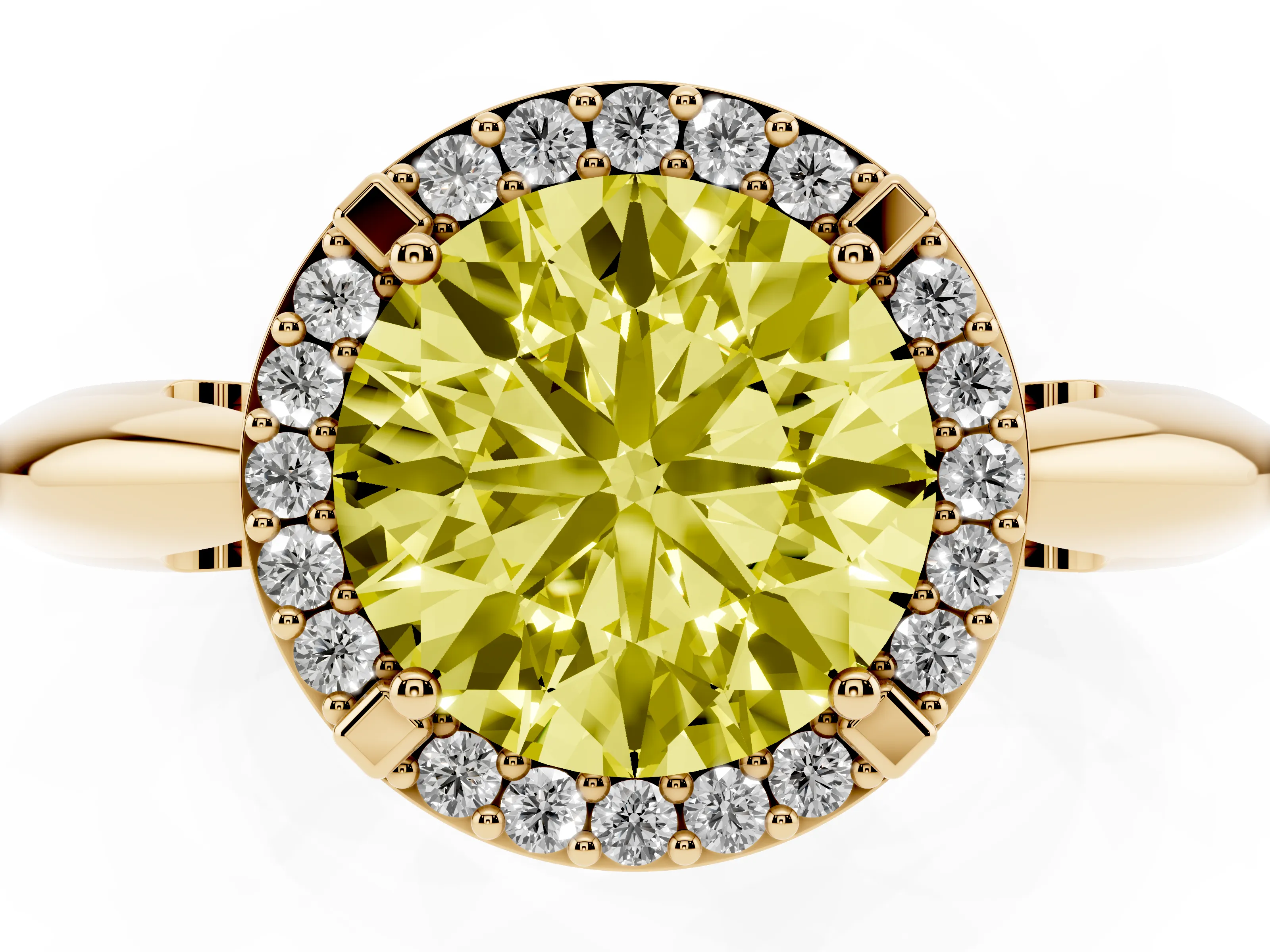 Fancy Yellow Round Cut Diamond Halo Engagement Ring Set in Yellow gold with Plain Split Shank and Prong Setting