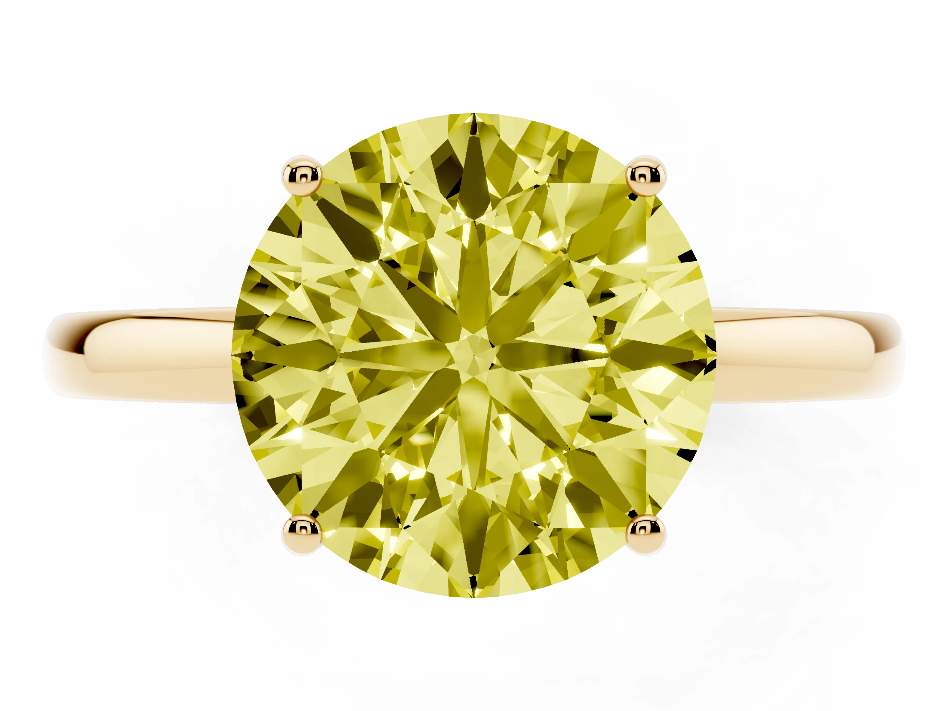 Fancy Yellow Round Cut Diamond Solitaire Ring Set in Yellow gold with Plain Band and Prong Setting