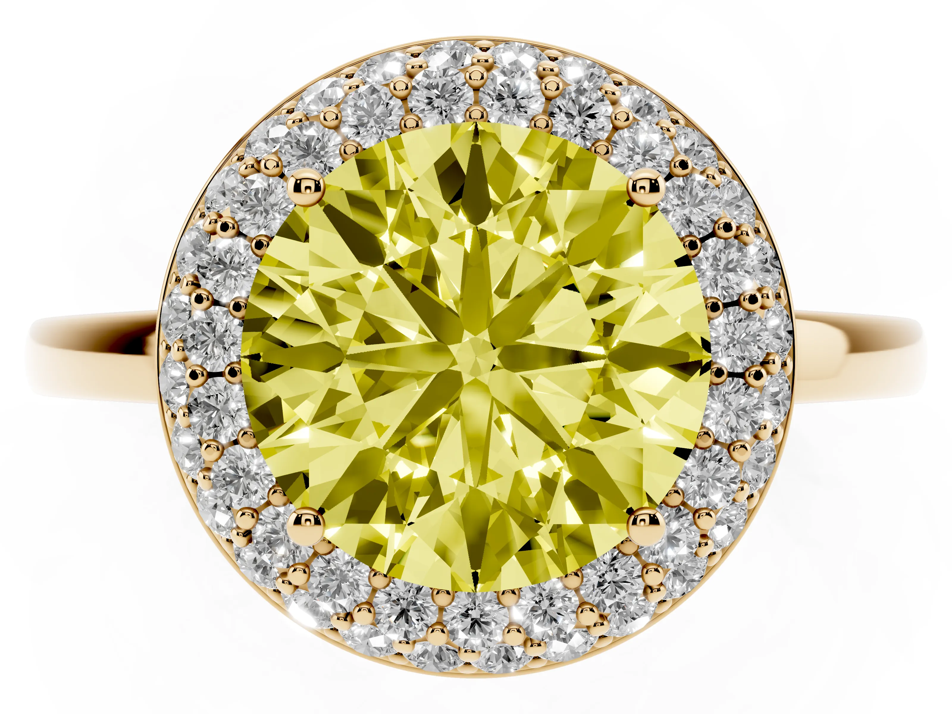 Fancy Yellow Round Cut Diamond Halo Engagement Ring Set in Yellow gold with Solitaire Band and Prong Setting