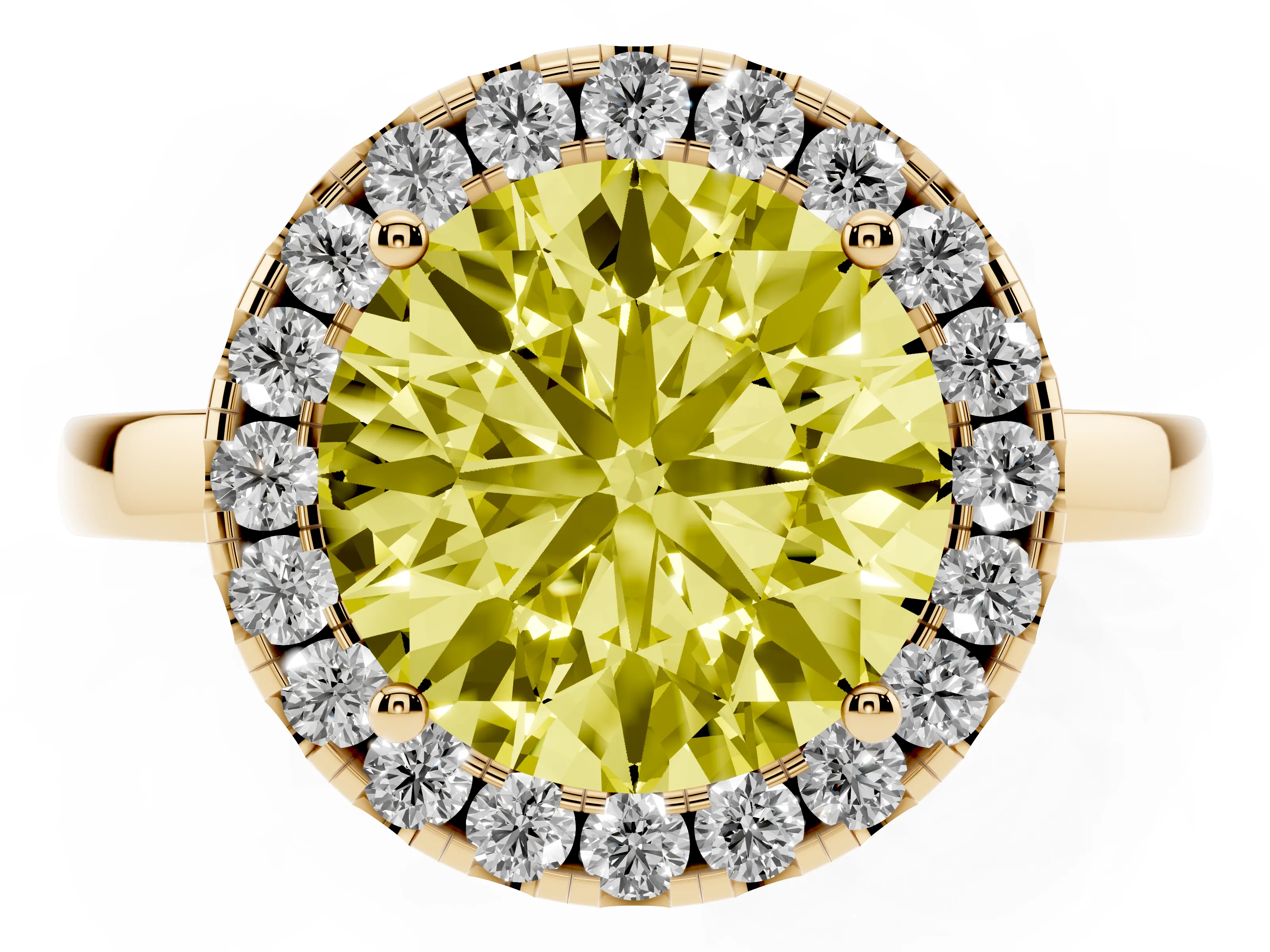 Fancy Yellow Round Cut Diamond Halo Solitaire Ring Set in Yellow gold with Pavé Band and Prong Setting