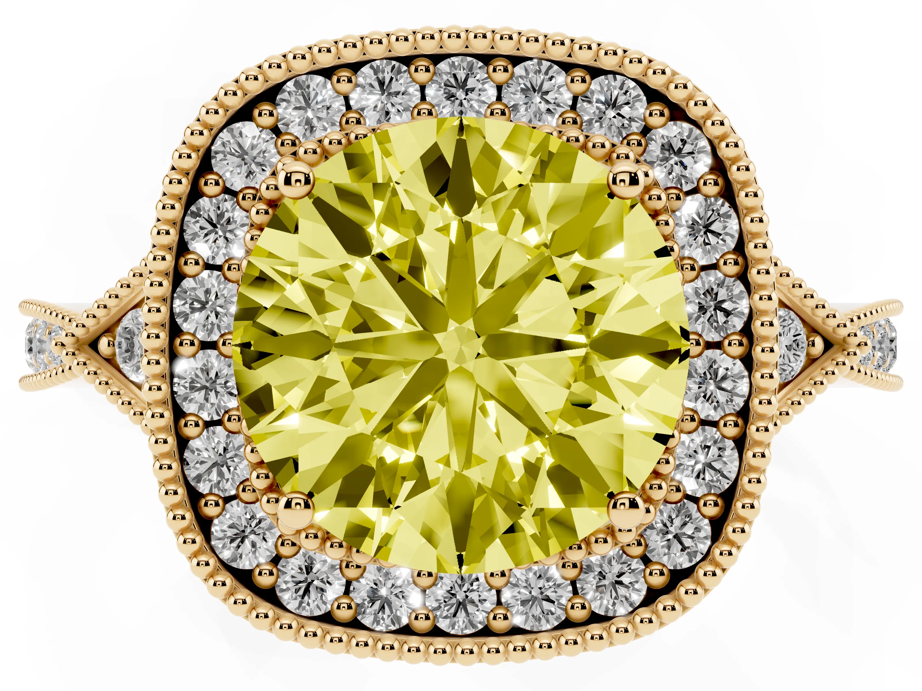 Fancy Yellow Round Cut Diamond Halo Engagement Ring Set in Yellow gold with Milgrain Pavé Band