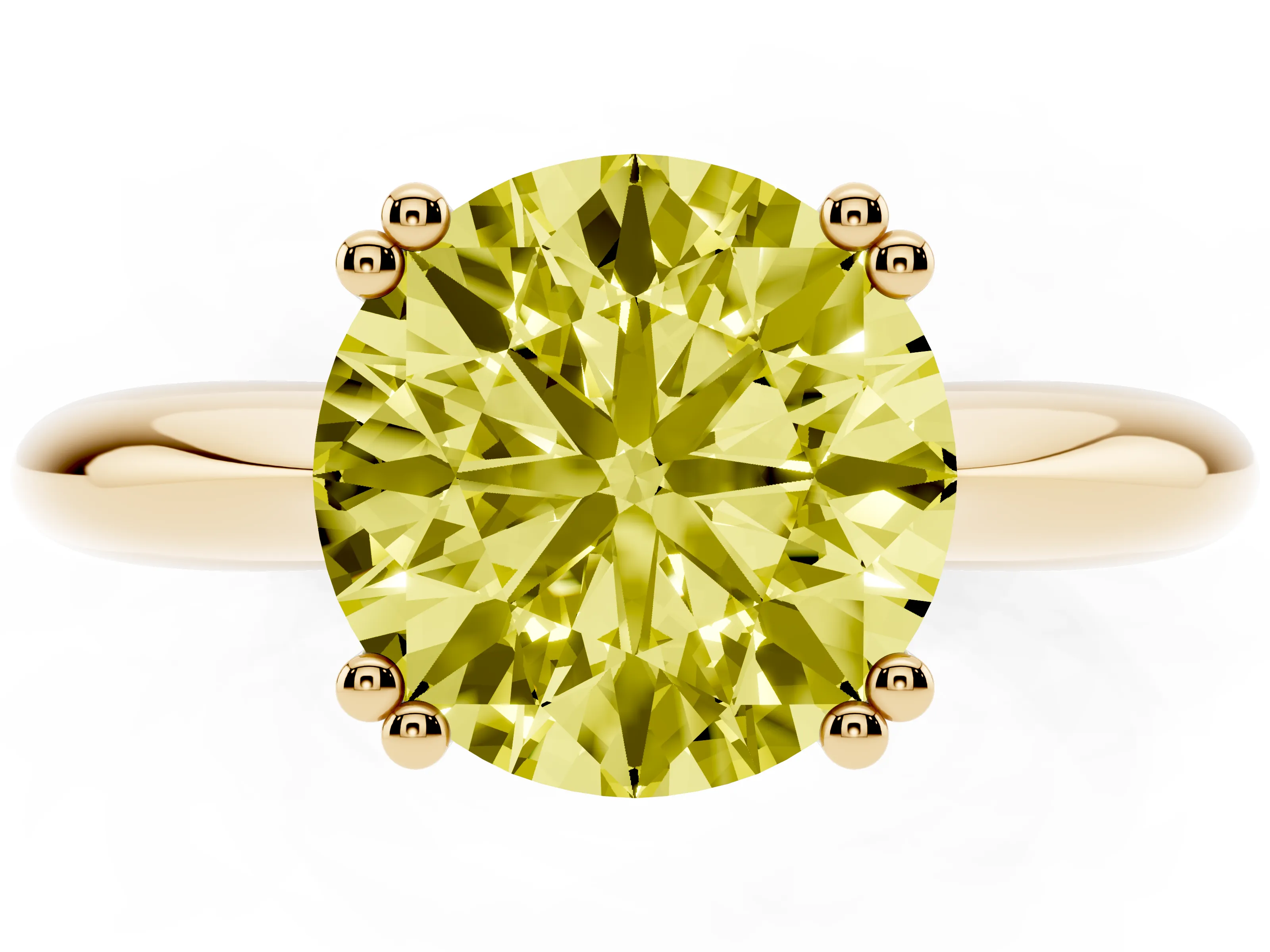 Fancy Yellow Round Cut Diamond Solitaire Engagement Ring Set in Yellow gold with Tapered Band and Prong Setting