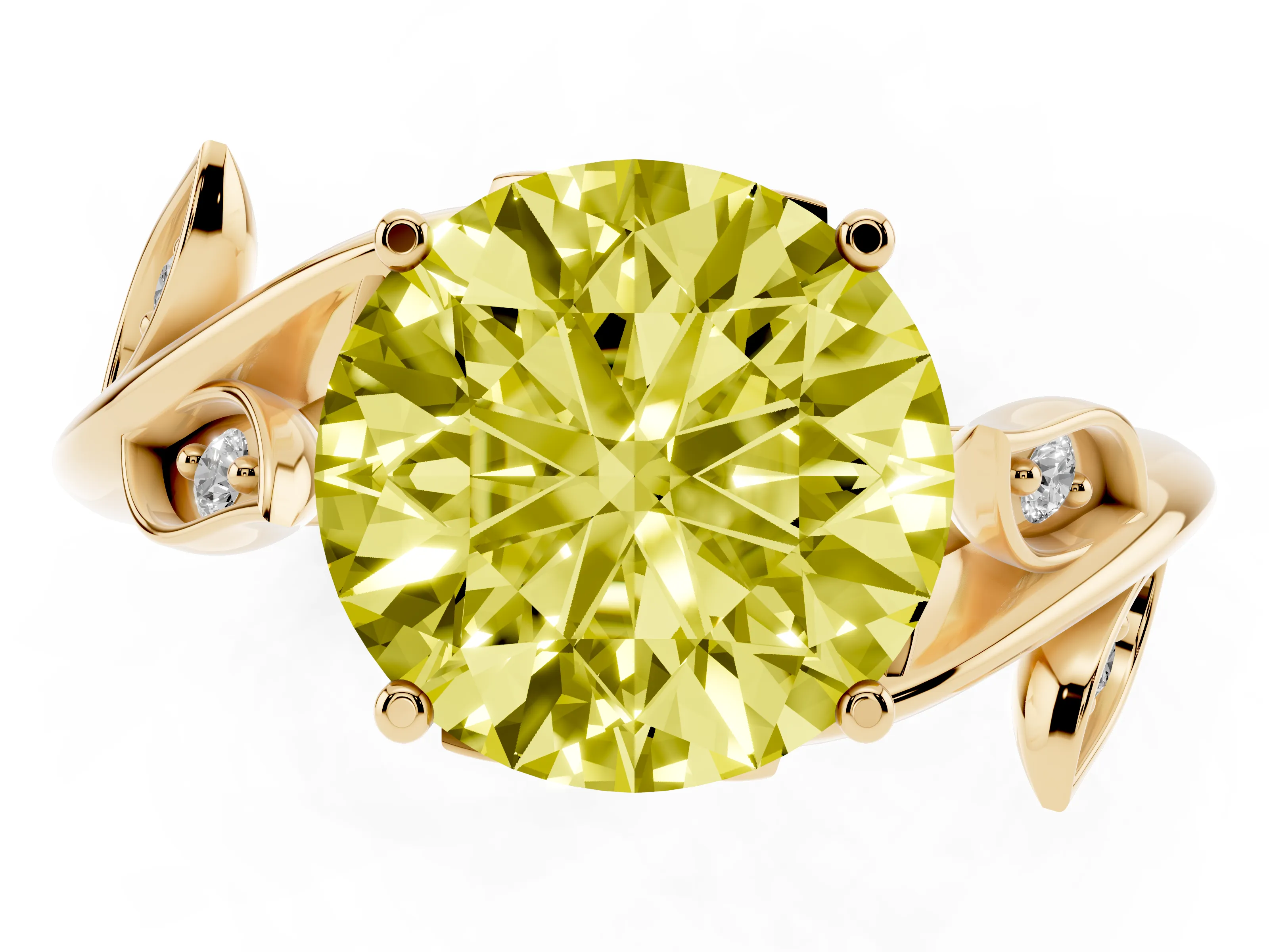 Fancy Yellow Round Cut Diamond Solitaire Twist Engagement Ring Set in Yellow gold with Pavé Leaf Accents