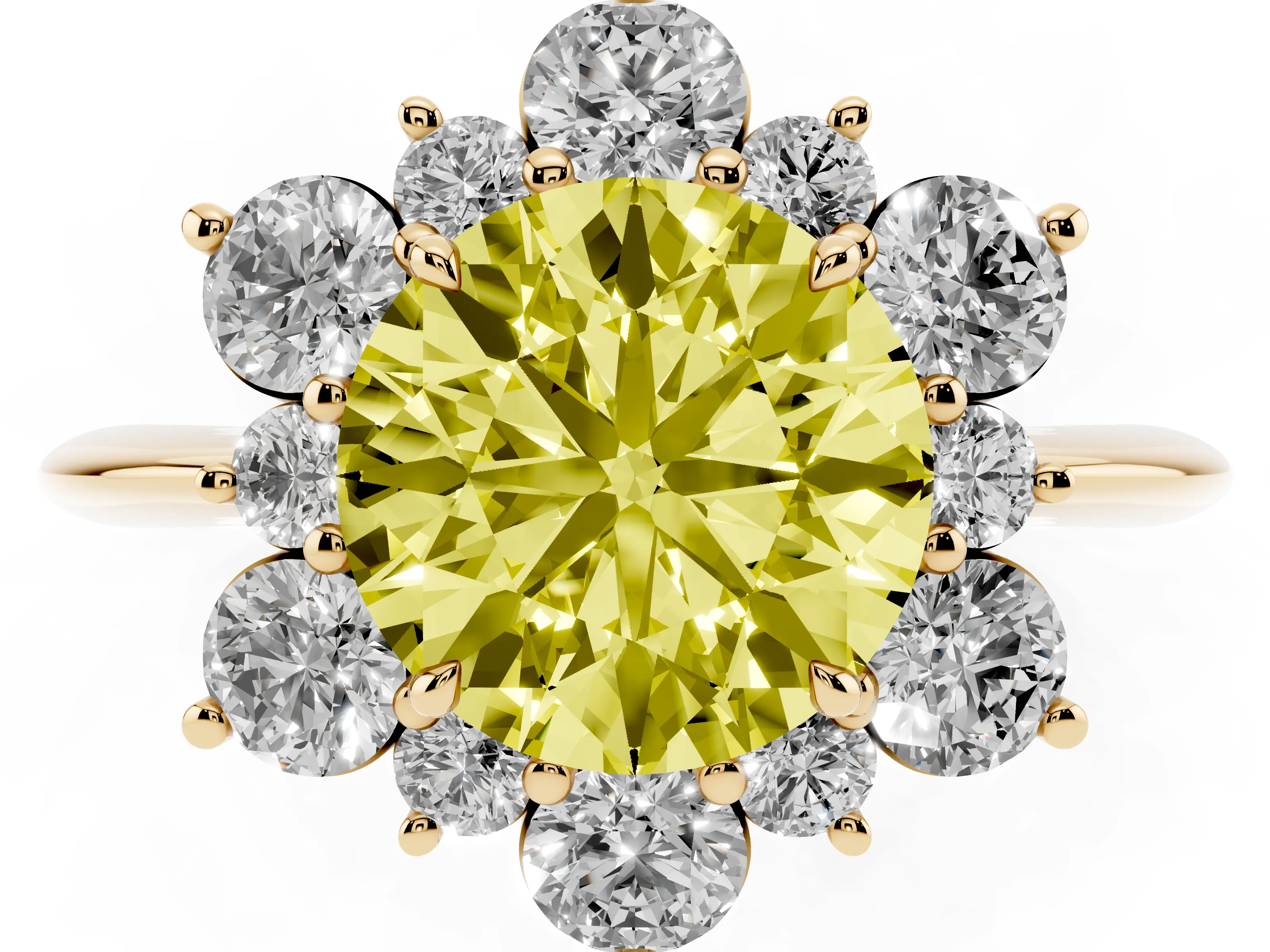 Fancy Yellow Round Cut Diamond Cluster Halo Ring Set in Yellow gold with Solitaire Band and Prong Setting