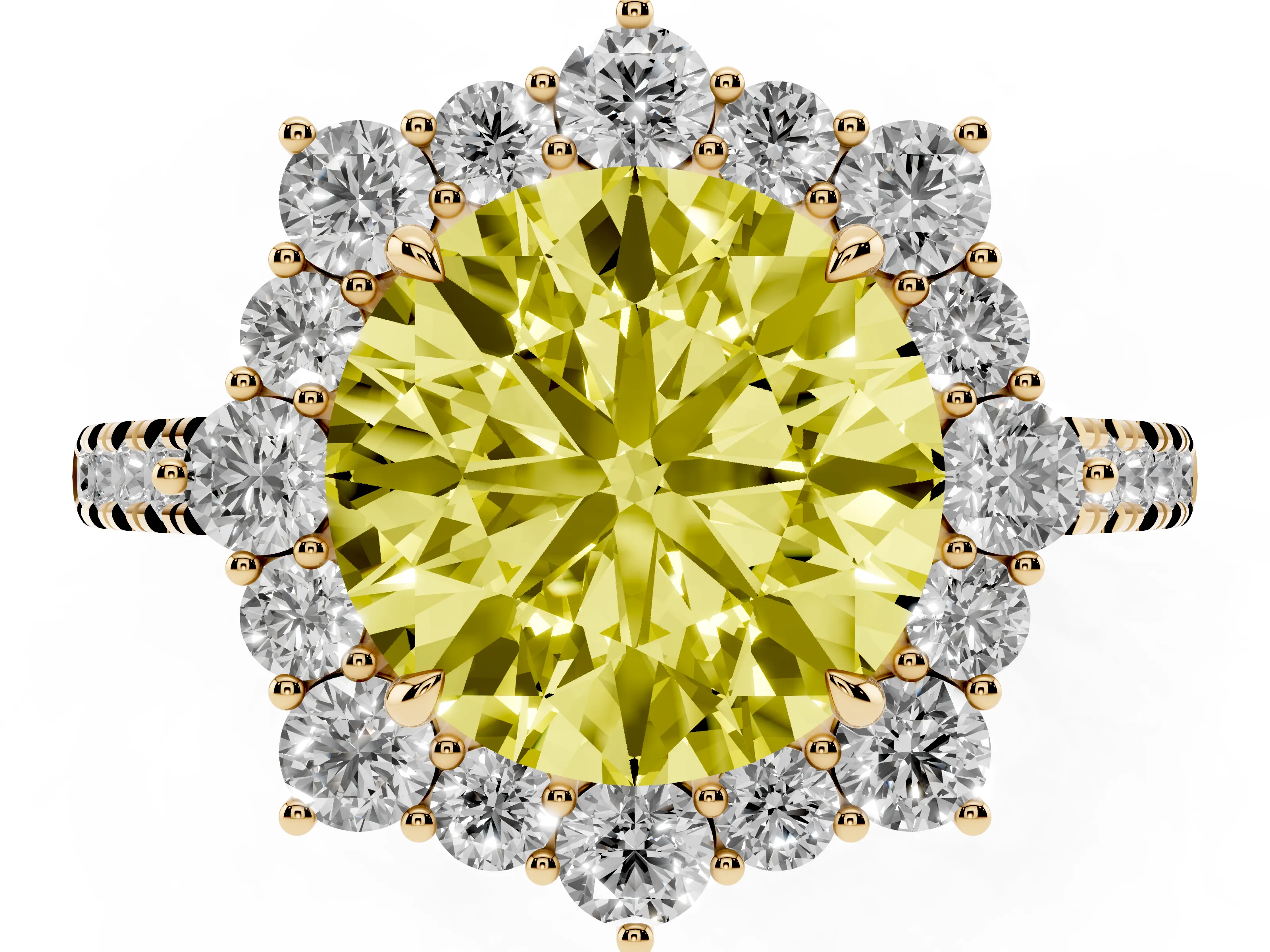 Fancy Yellow Round Cut Diamond Halo Ring Set in Yellow gold with Pavé Band and Prong Setting
