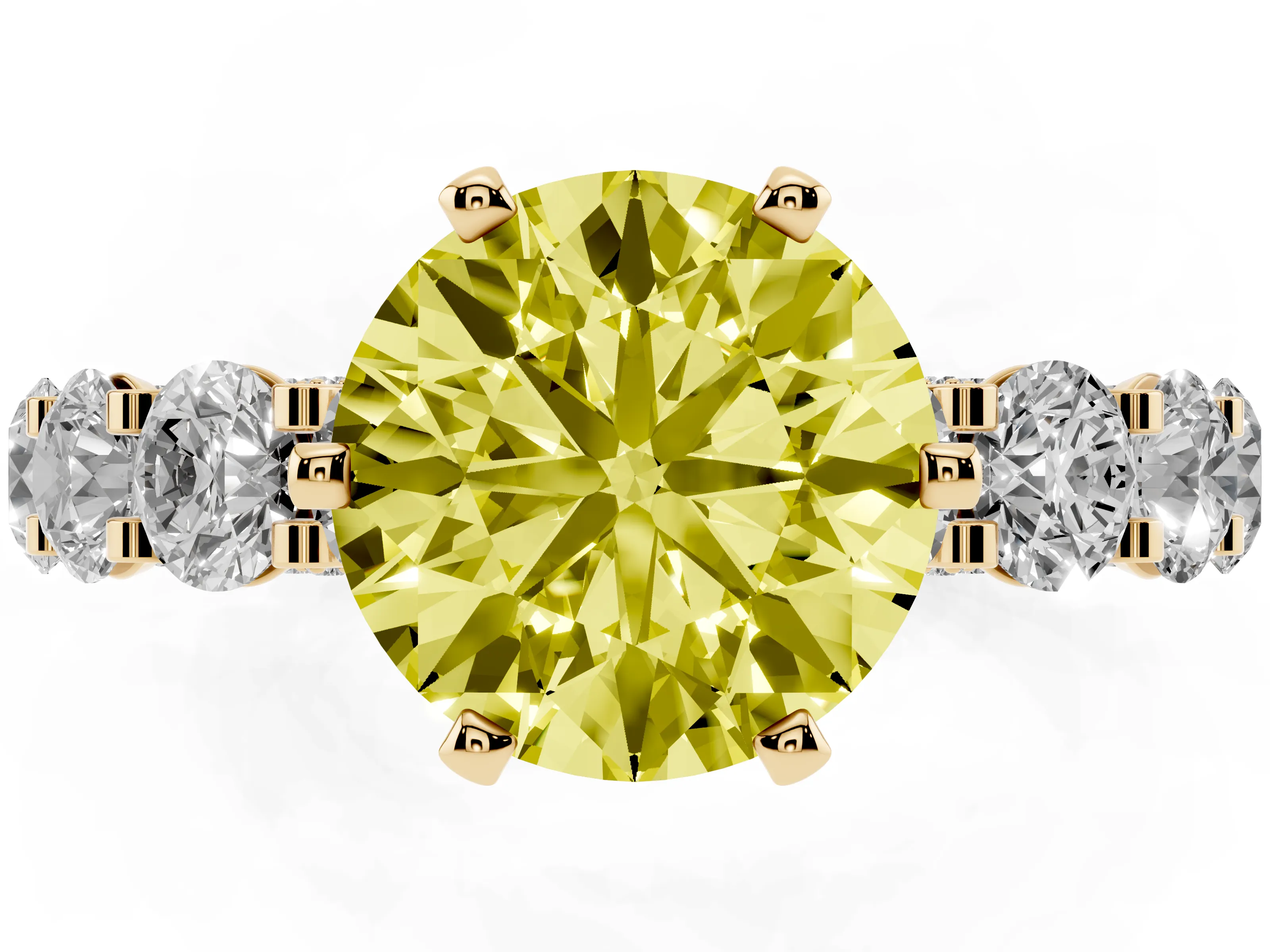 Fancy Yellow Round Cut Diamond Side Stone Ring Set in Yellow gold with Alternating Round and Oval Side Stones