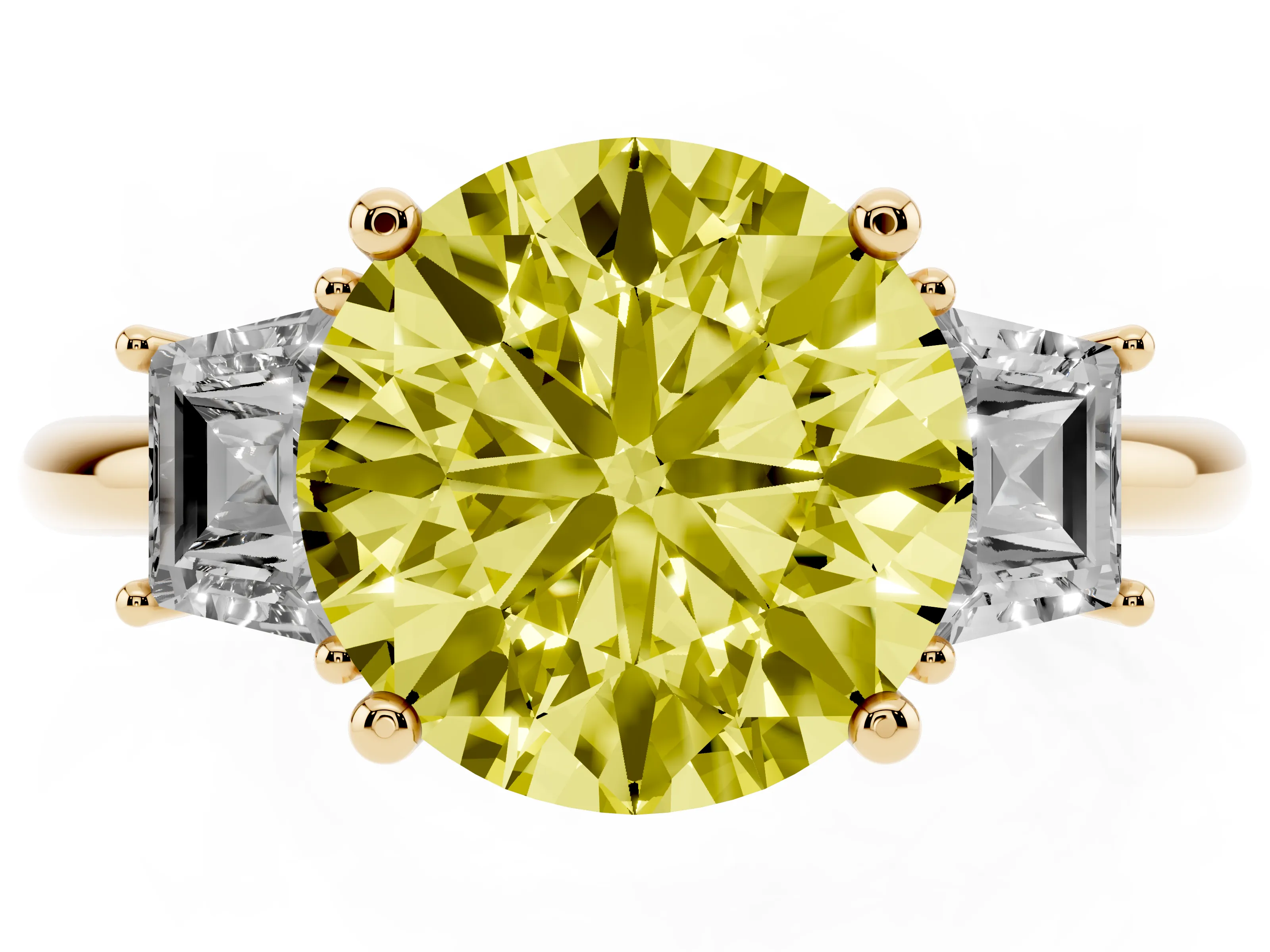 Fancy Yellow Round Cut Diamond Three-Stone Ring Set in Yellow gold with Trapezoid Side Stones and Prong Setting