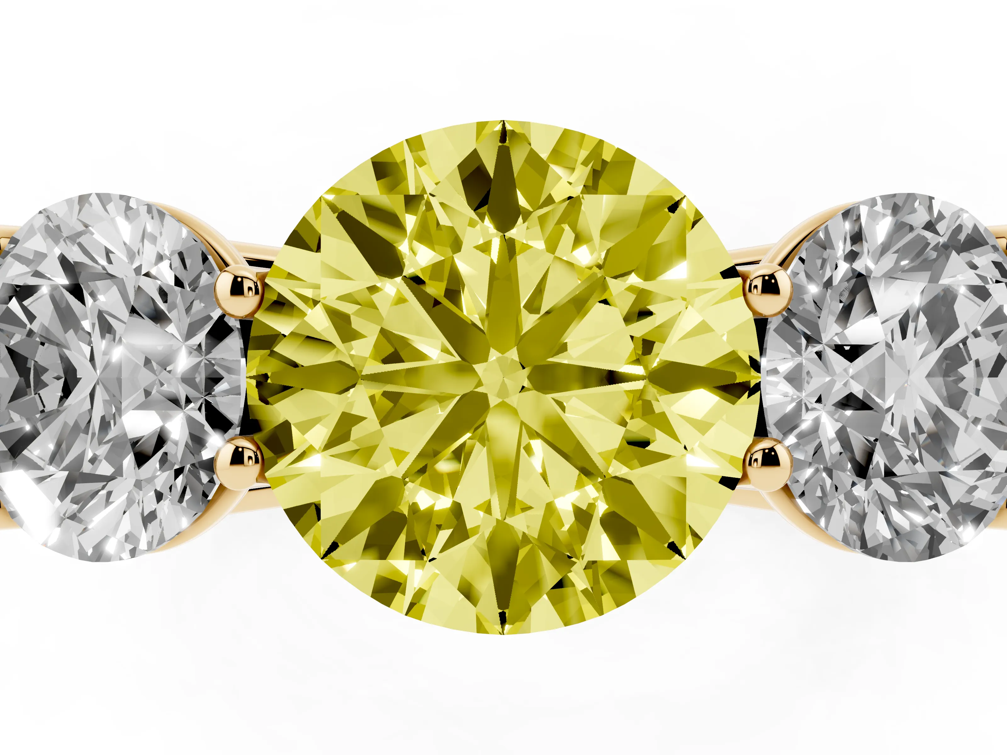 Fancy Yellow Round Cut Diamond Three-Stone Ring Set in Yellow gold with Plain Polished Band