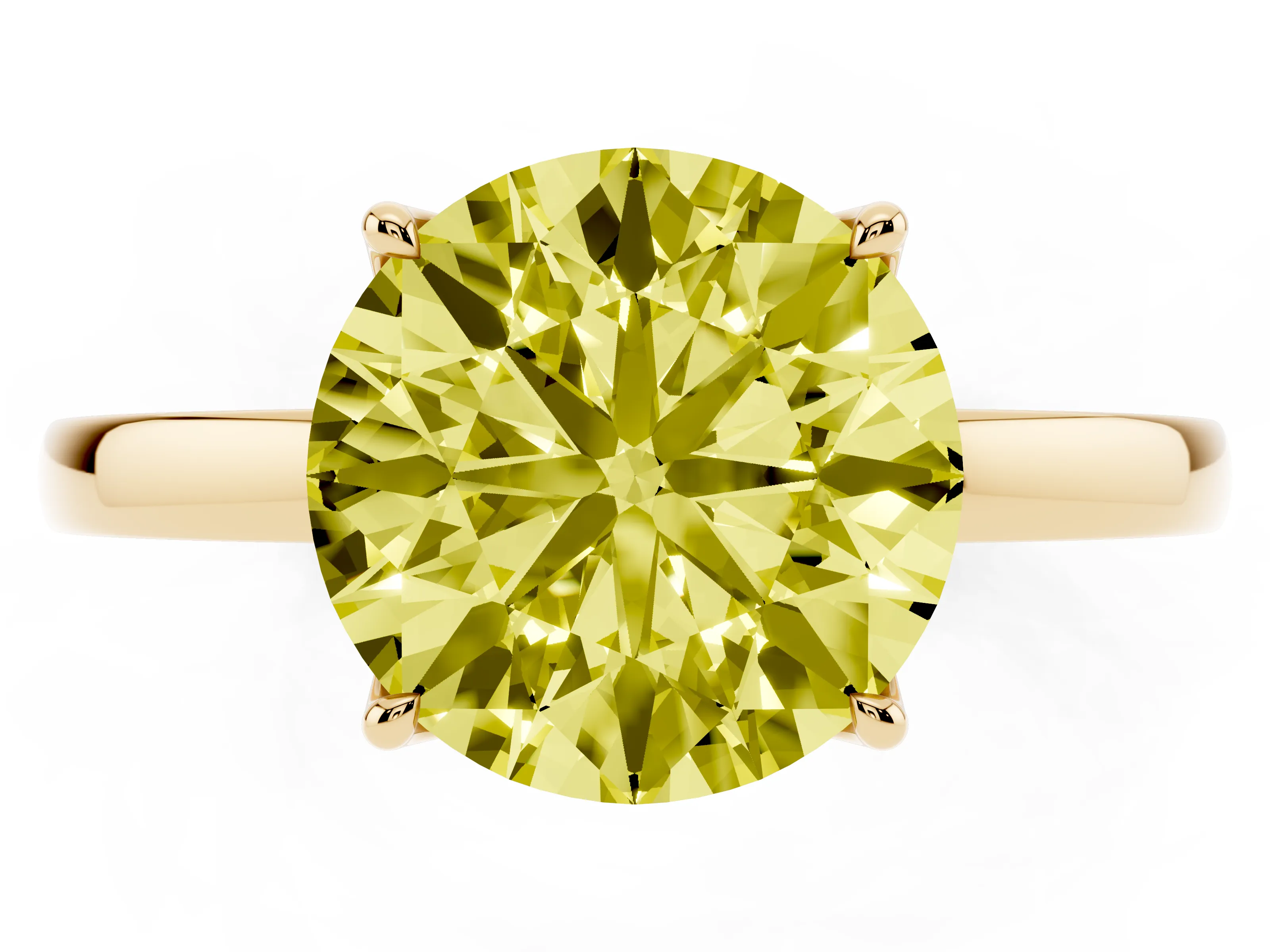 Fancy Yellow Round Cut Diamond Solitaire Ring Set in Yellow gold with Prong Setting and Thin Polished Band