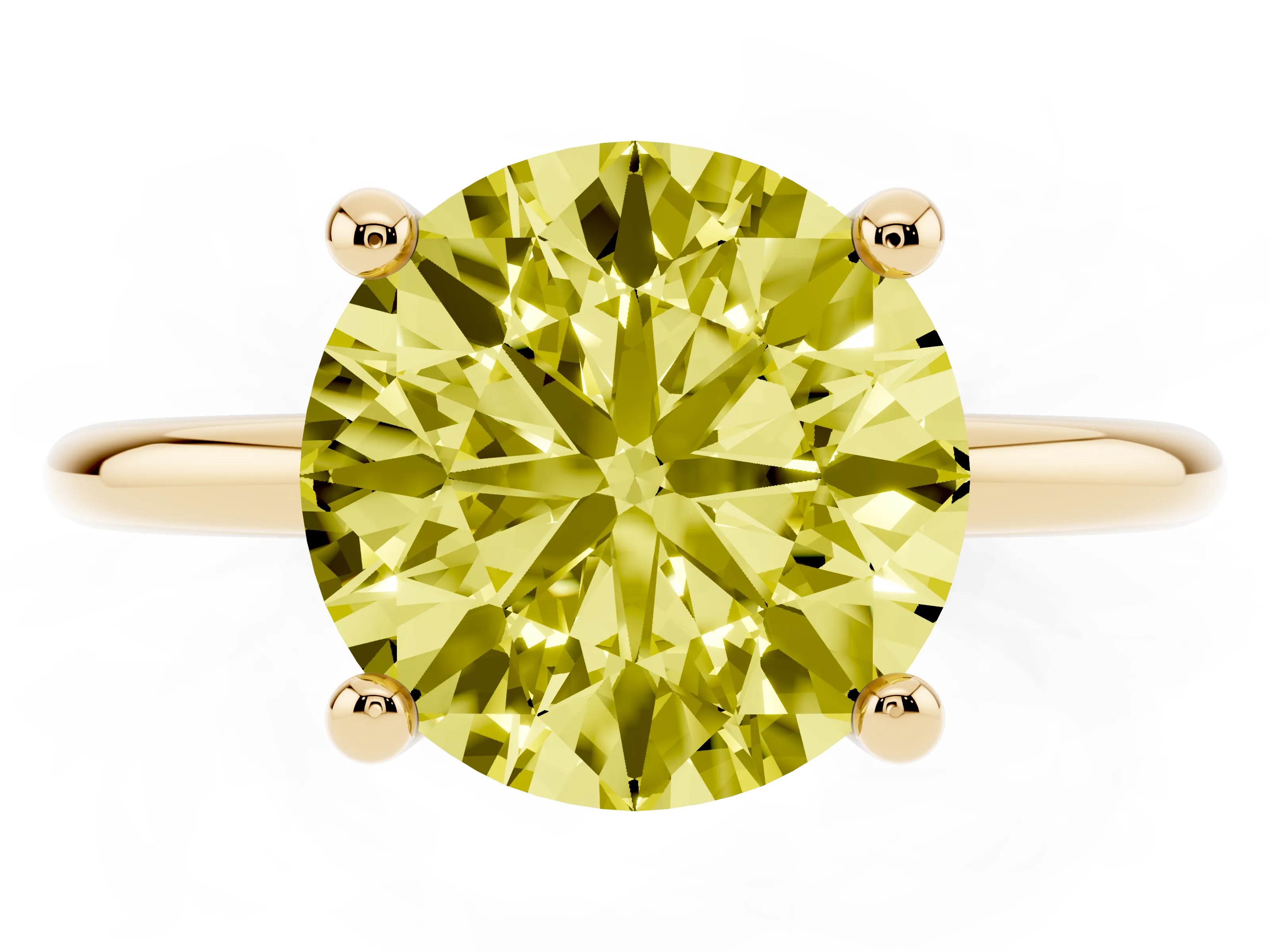 Fancy Yellow Round Cut Diamond Solitaire Ring Set in Yellow gold with Secure Prong Setting on a Classic Band