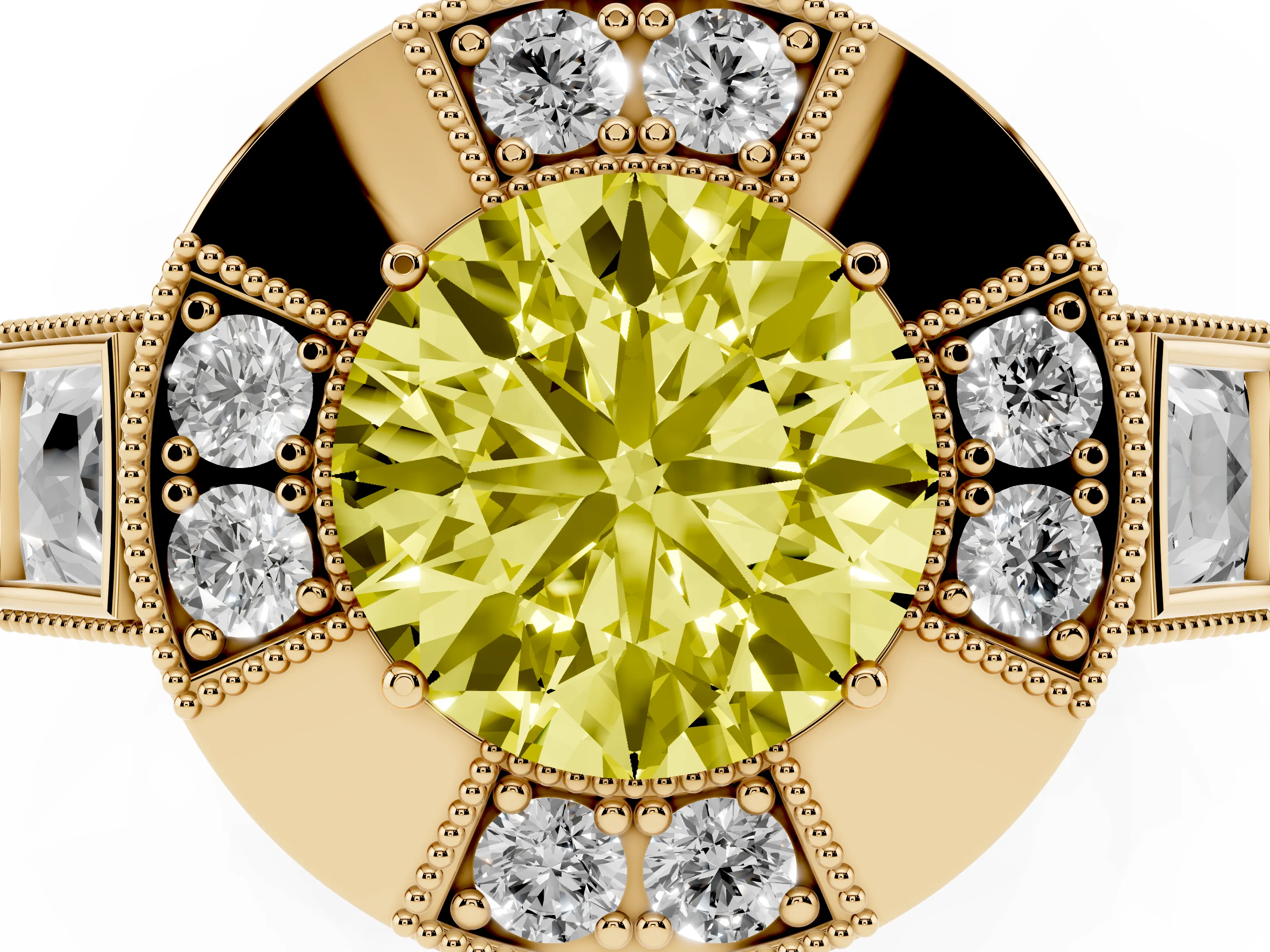 Fancy Yellow Round Cut Diamond Milgrain Halo Ring Set in Yellow gold with Split Shank
