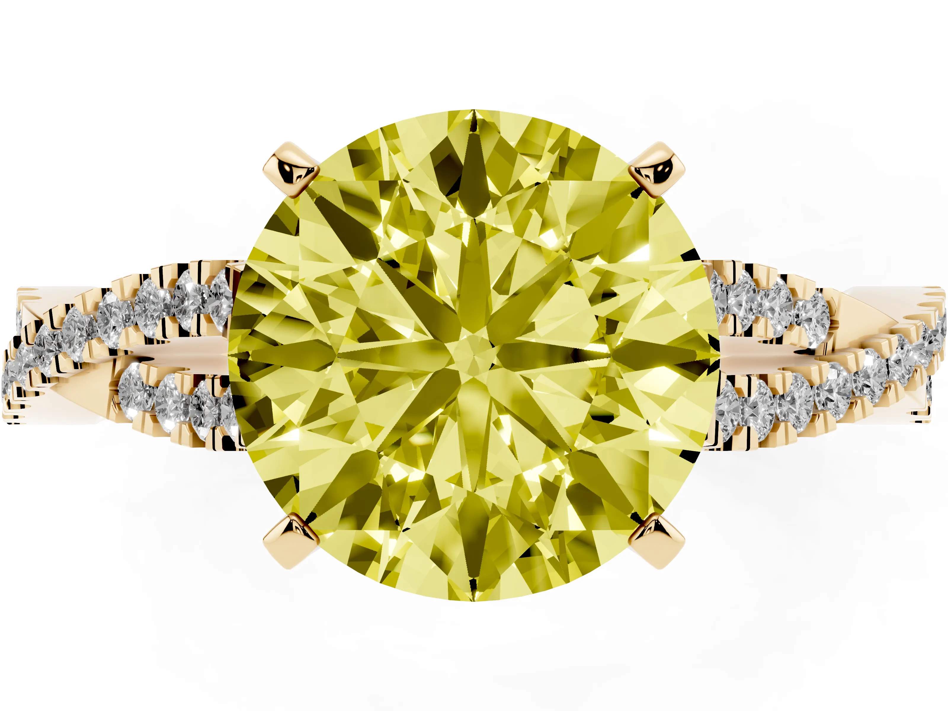 Fancy Yellow Round Cut Diamond Solitaire Engagement Ring Set in Yellow gold with Twisted Pavé Band and Prong Setting