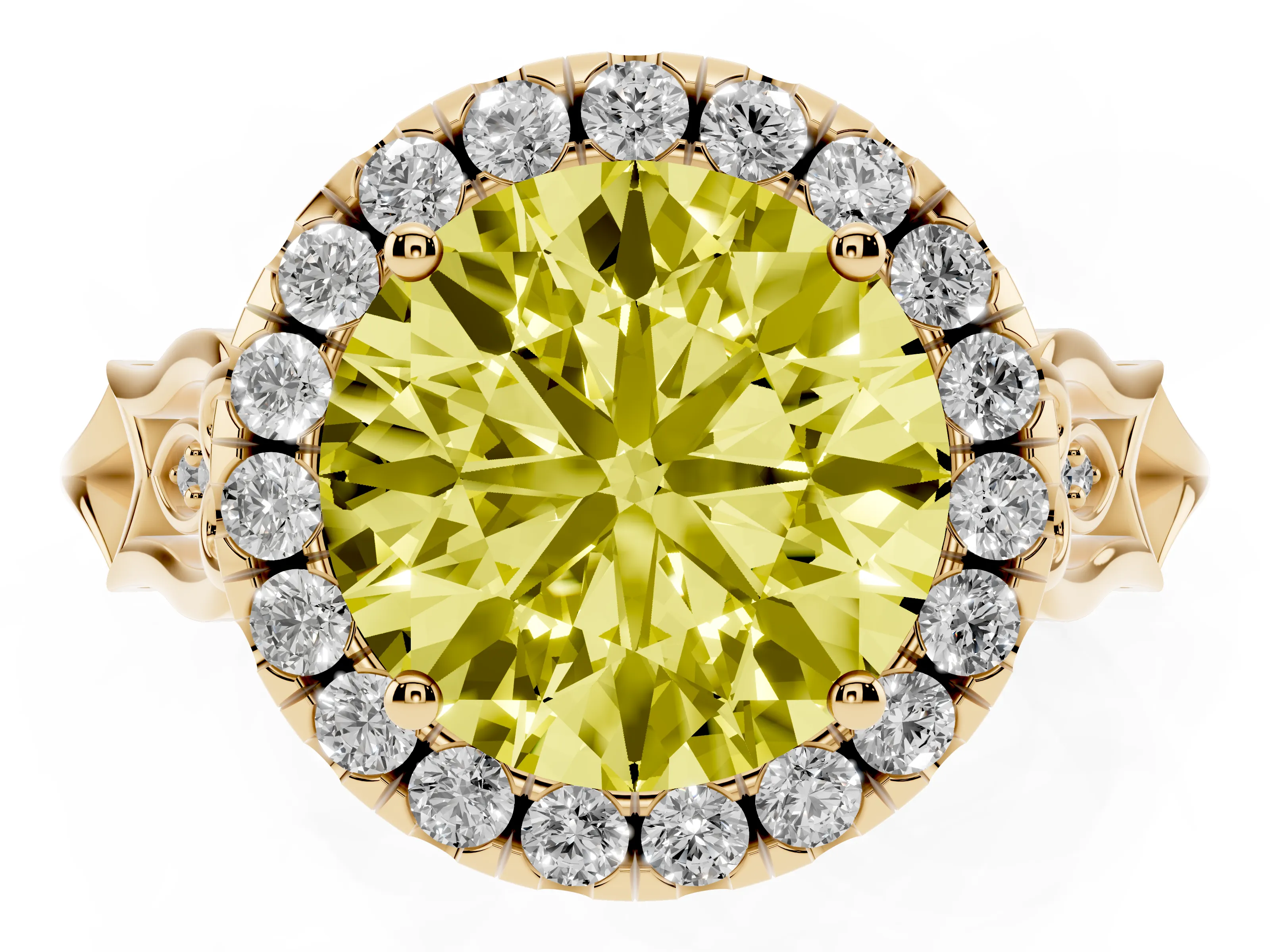 Fancy Yellow Round Cut Diamond Halo Engagement Ring Set in Yellow gold with Filigree Band and Prong-Set Center