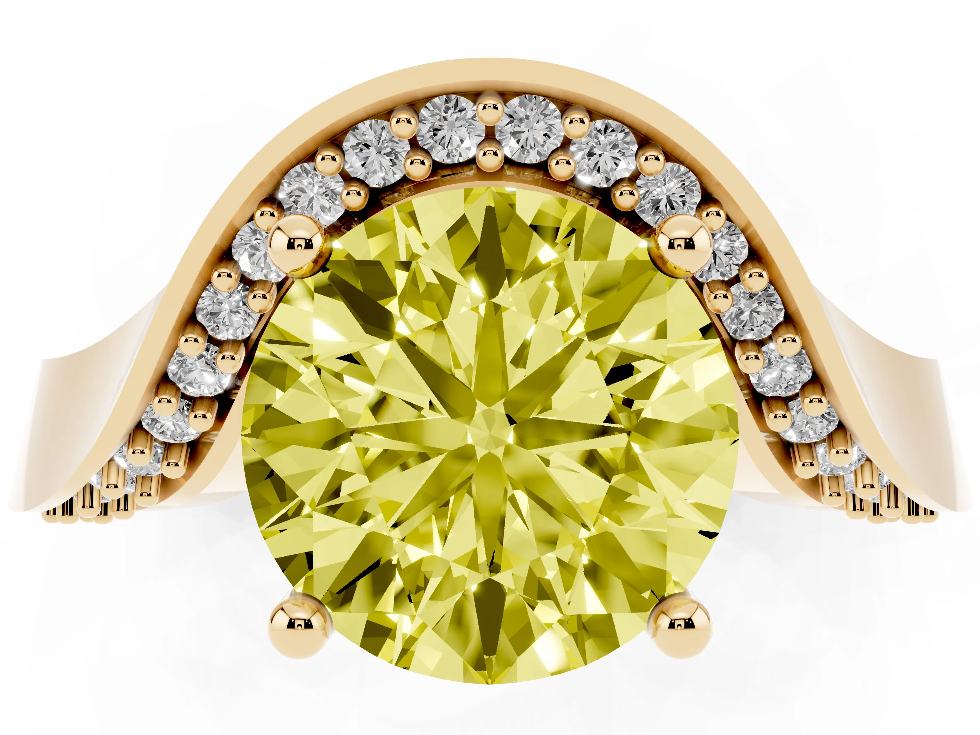 Fancy Yellow Round Cut Diamond Solitaire Engagement Ring Set in Yellow gold with Pavé Shoulders