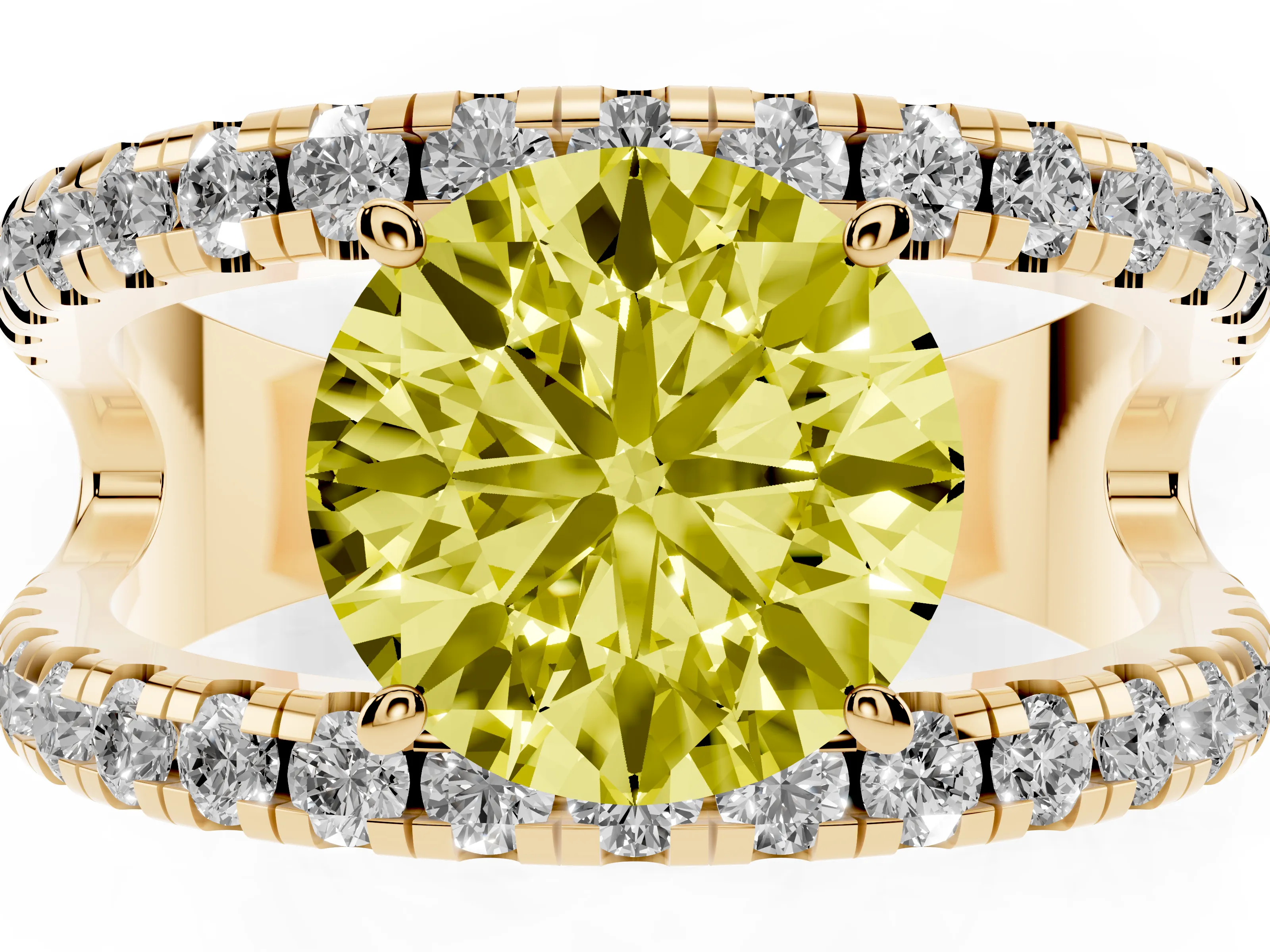 Fancy Yellow Round Cut Diamond Split Shank Pavé Solitaire Ring Set in Yellow gold with Open Shank Design