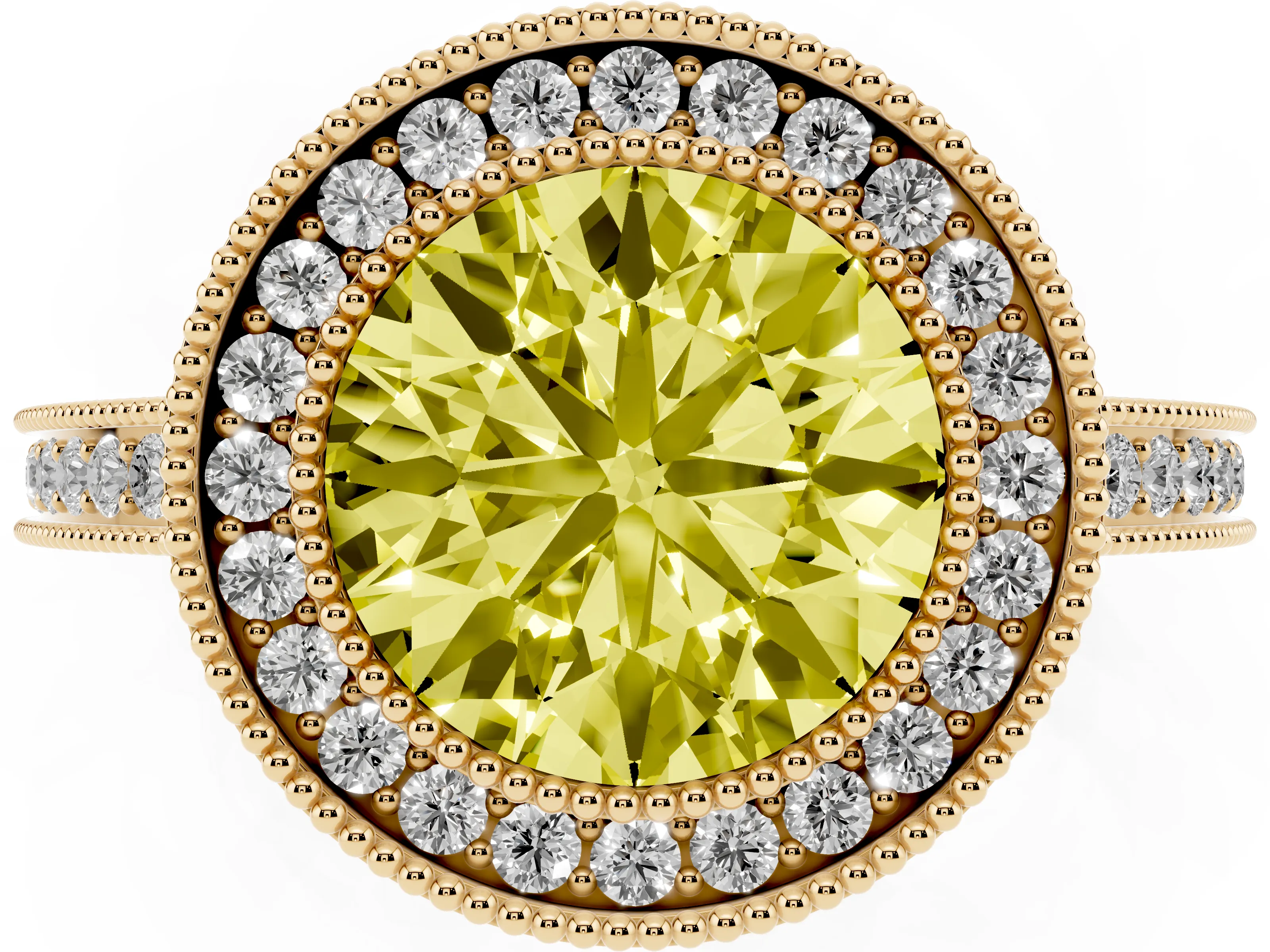 Fancy Yellow Round Cut Diamond Halo Ring Set in Yellow gold with Pavé Band and Milgrain-Edged Prongs