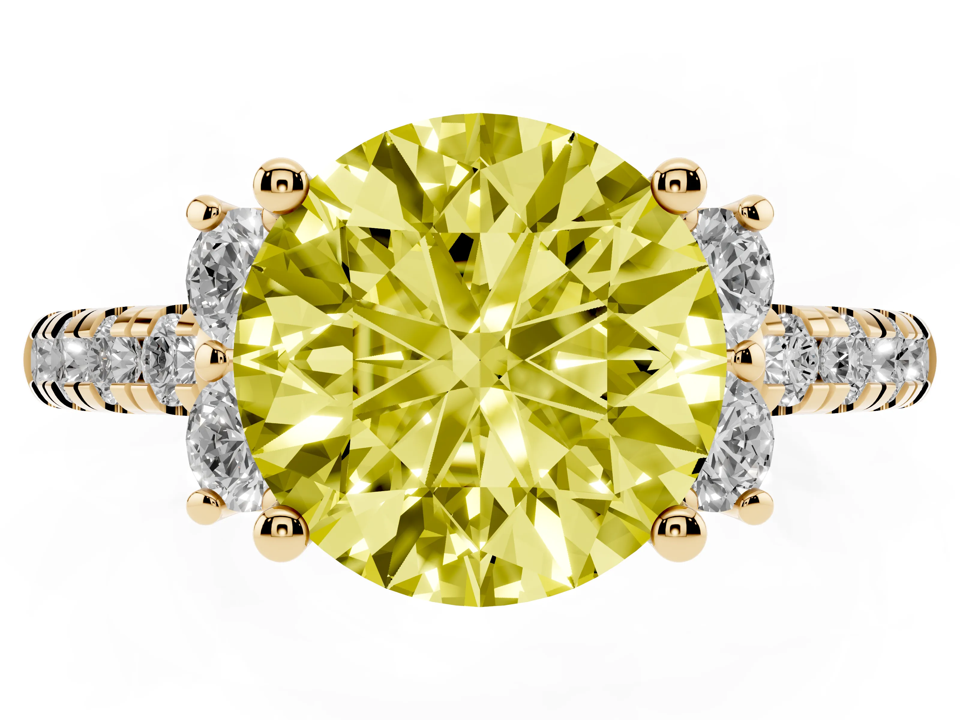 Fancy Yellow Round Cut Diamond Three-Stone Pavé Ring Set in Yellow gold with Prong Setting