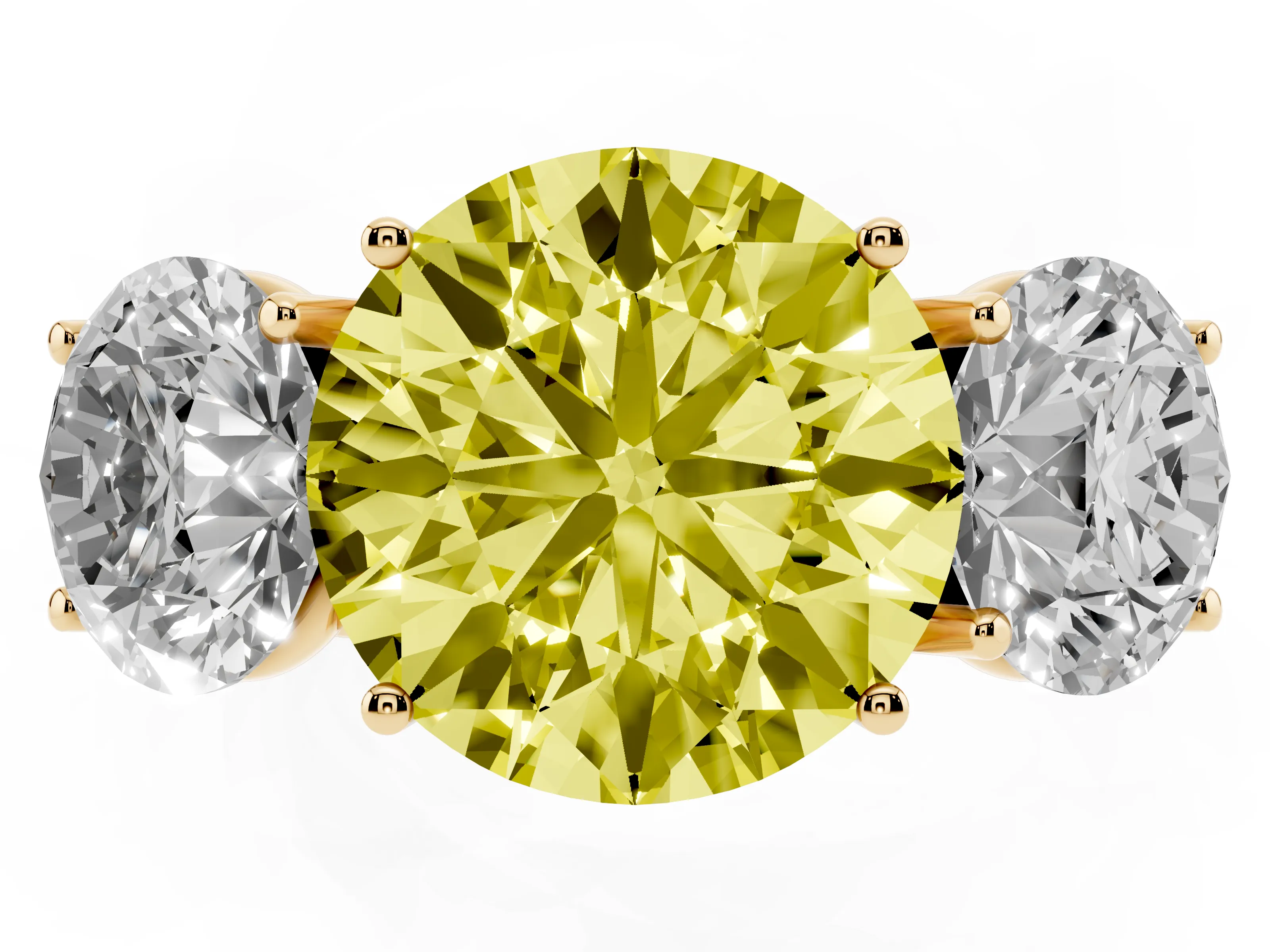 Fancy Yellow Round Cut Diamond Three-Stone Ring Set in Yellow gold with Braided Band