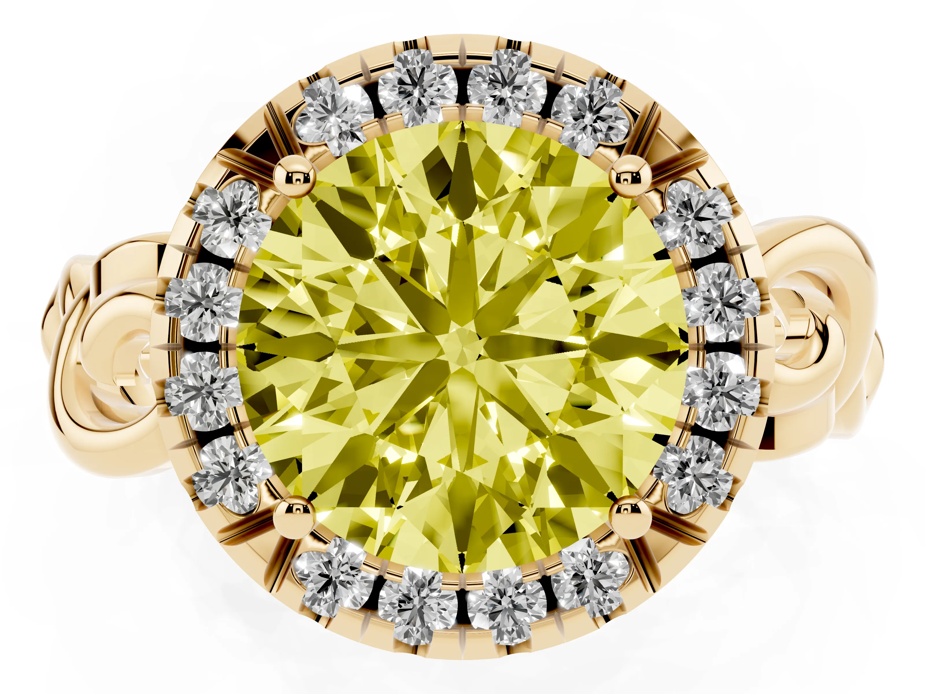 Fancy Yellow Round Cut Diamond Halo Ring Set in Yellow gold with Scrollwork Band and Prong Setting