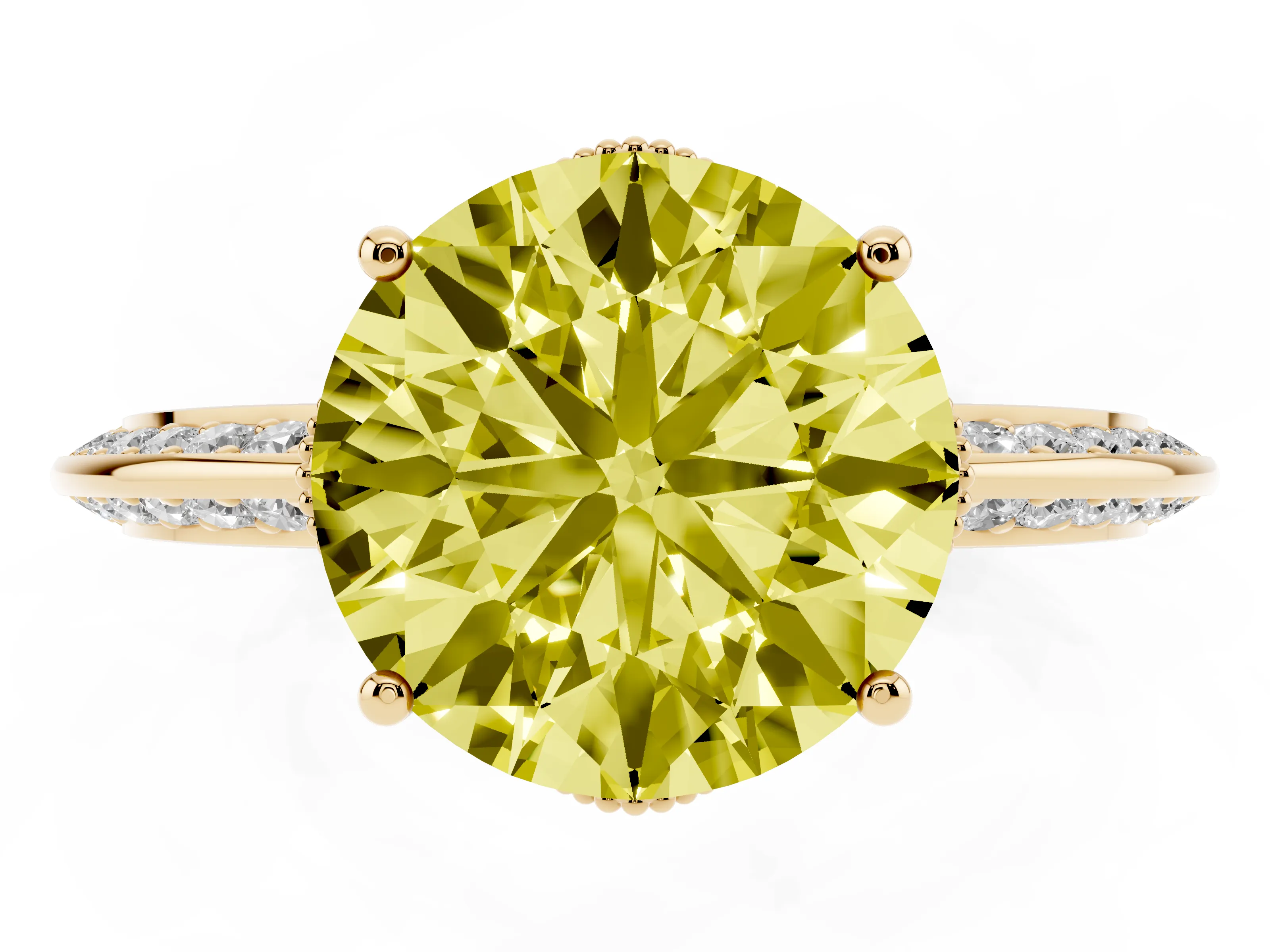 Fancy Yellow Round Cut Diamond Solitaire Engagement Ring Set in Yellow gold with Pavé Split Shank and Prong Setting
