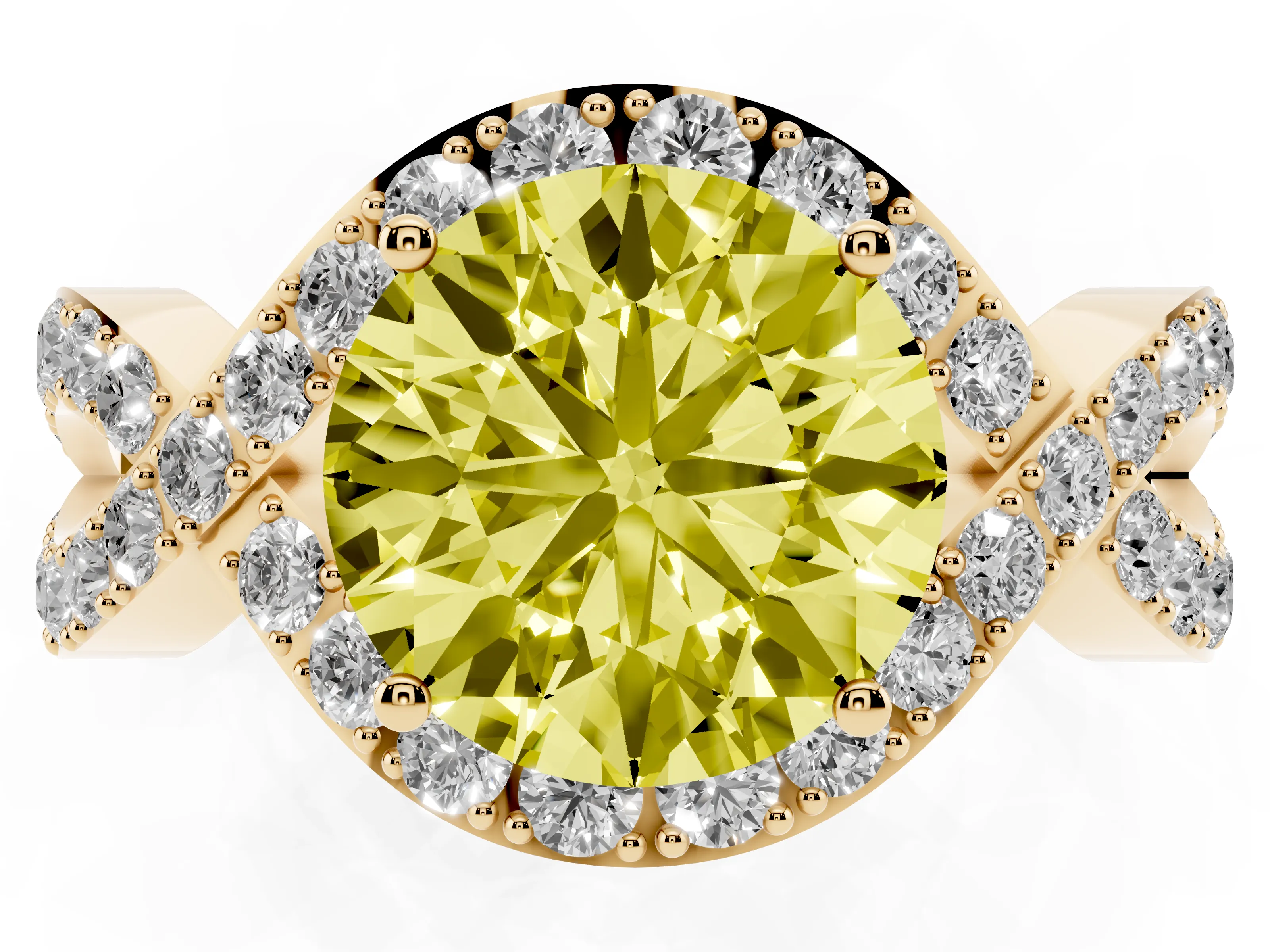 Fancy Yellow Round Cut Diamond Solitaire Twist Band Pavé Engagement Ring Set in Yellow gold