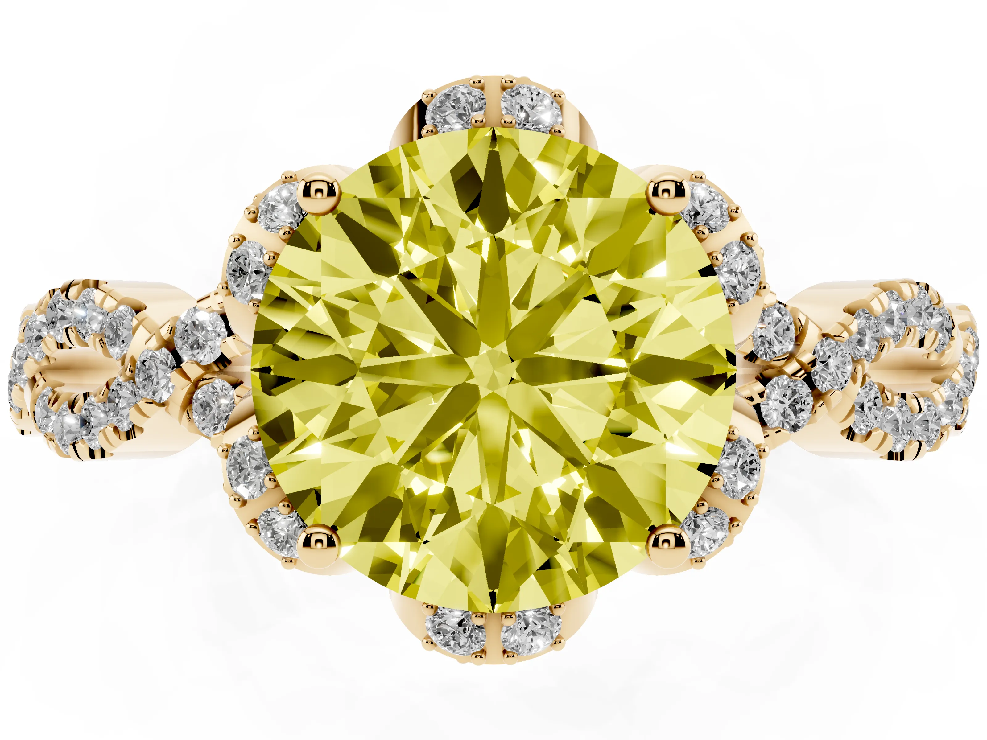 Fancy Yellow Round Cut Diamond Halo Twist Band Solitaire Ring Set in Yellow gold with Prong-Set Center Stone
