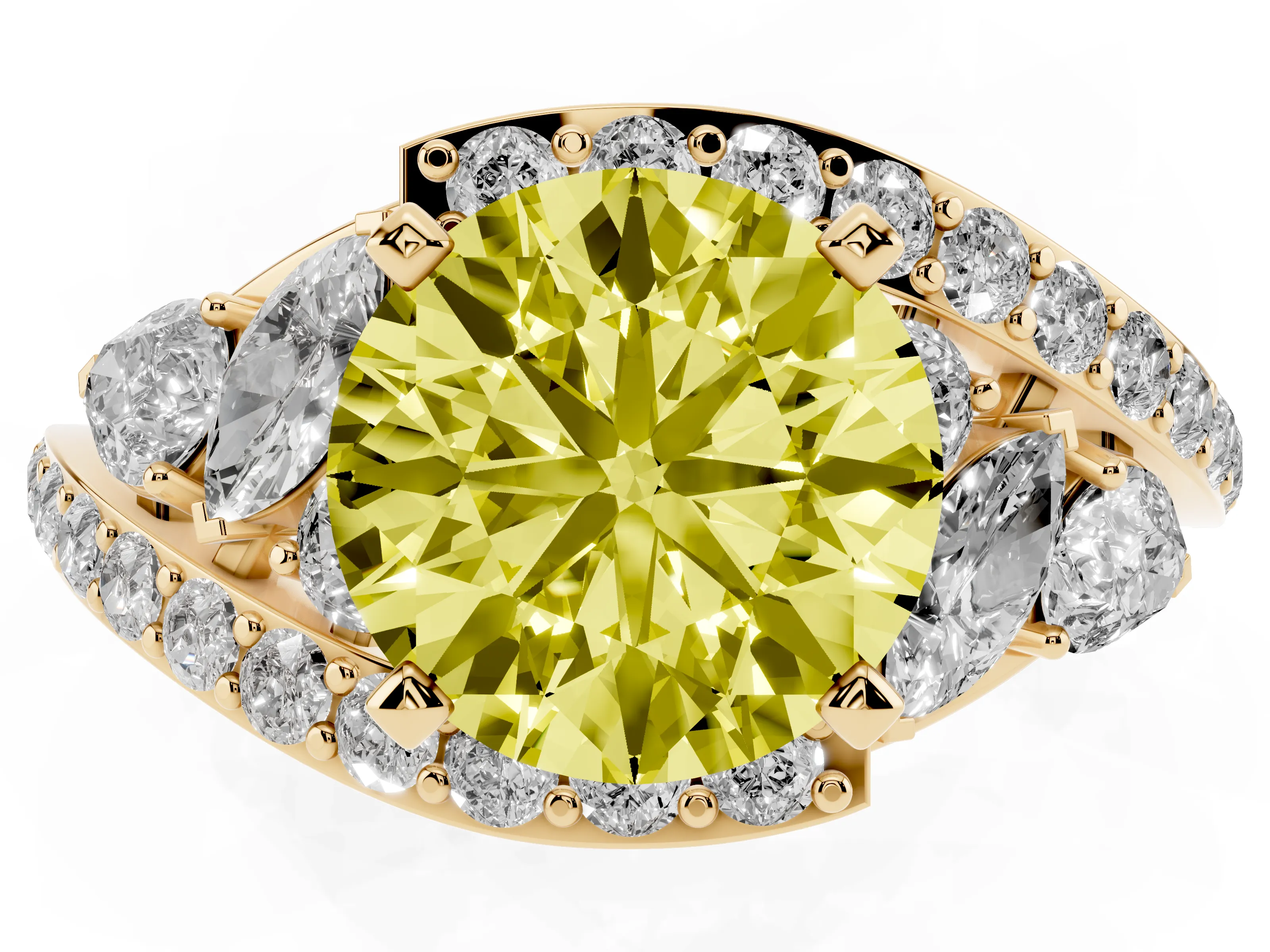 Fancy Yellow Round Cut Diamond Halo Ring Set in Yellow gold with Marquise and Pavé Band in Prong Setting