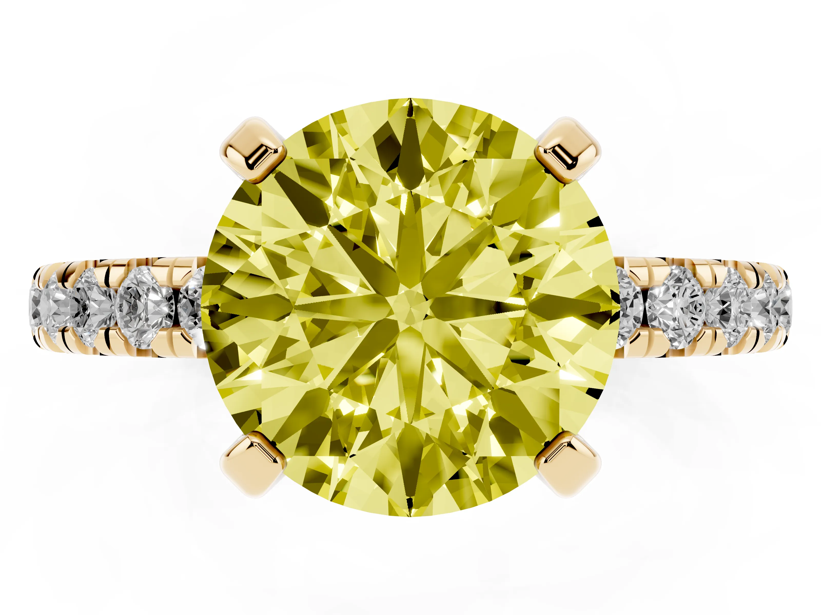 Fancy Yellow Round Cut Diamond Pavé Solitaire Ring Set in Yellow gold with Round Band and Prong Setting