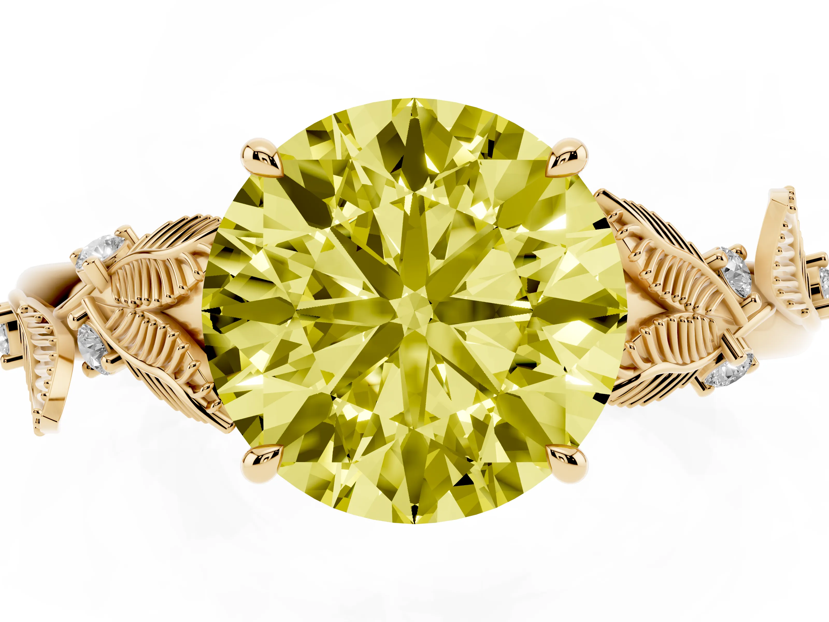 Fancy Yellow Round Cut Diamond Solitaire Ring Set in Yellow gold with Leaf Motif Band